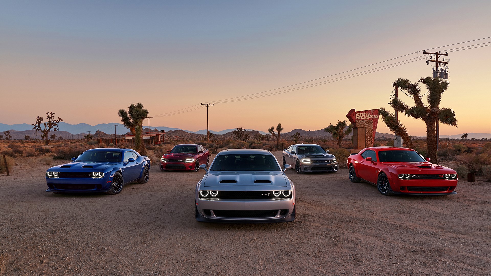 Dodge Challengers and Chargers in the desert HD Wallpaper