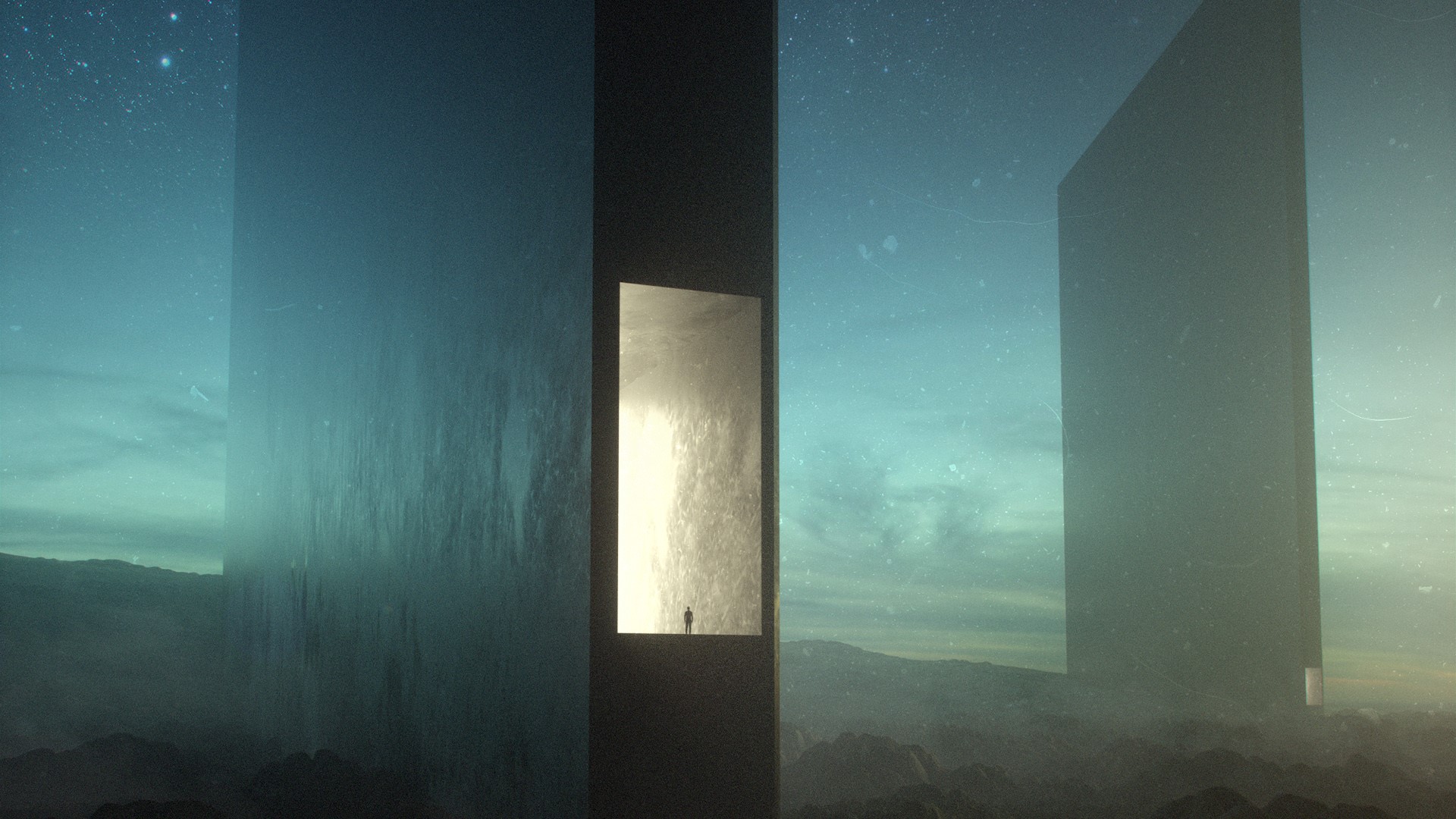 Futuristic monoliths in a desolate landscape under a starry sky HD Wallpaper