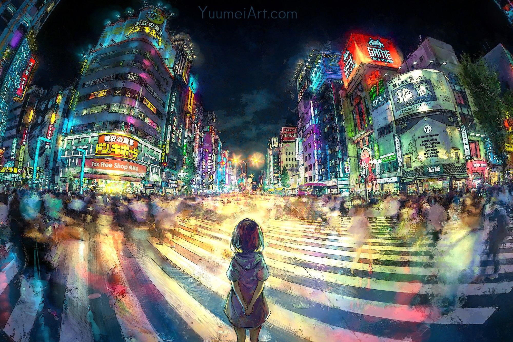 Anime girl in a busy, neon-lit city at night HD Wallpaper