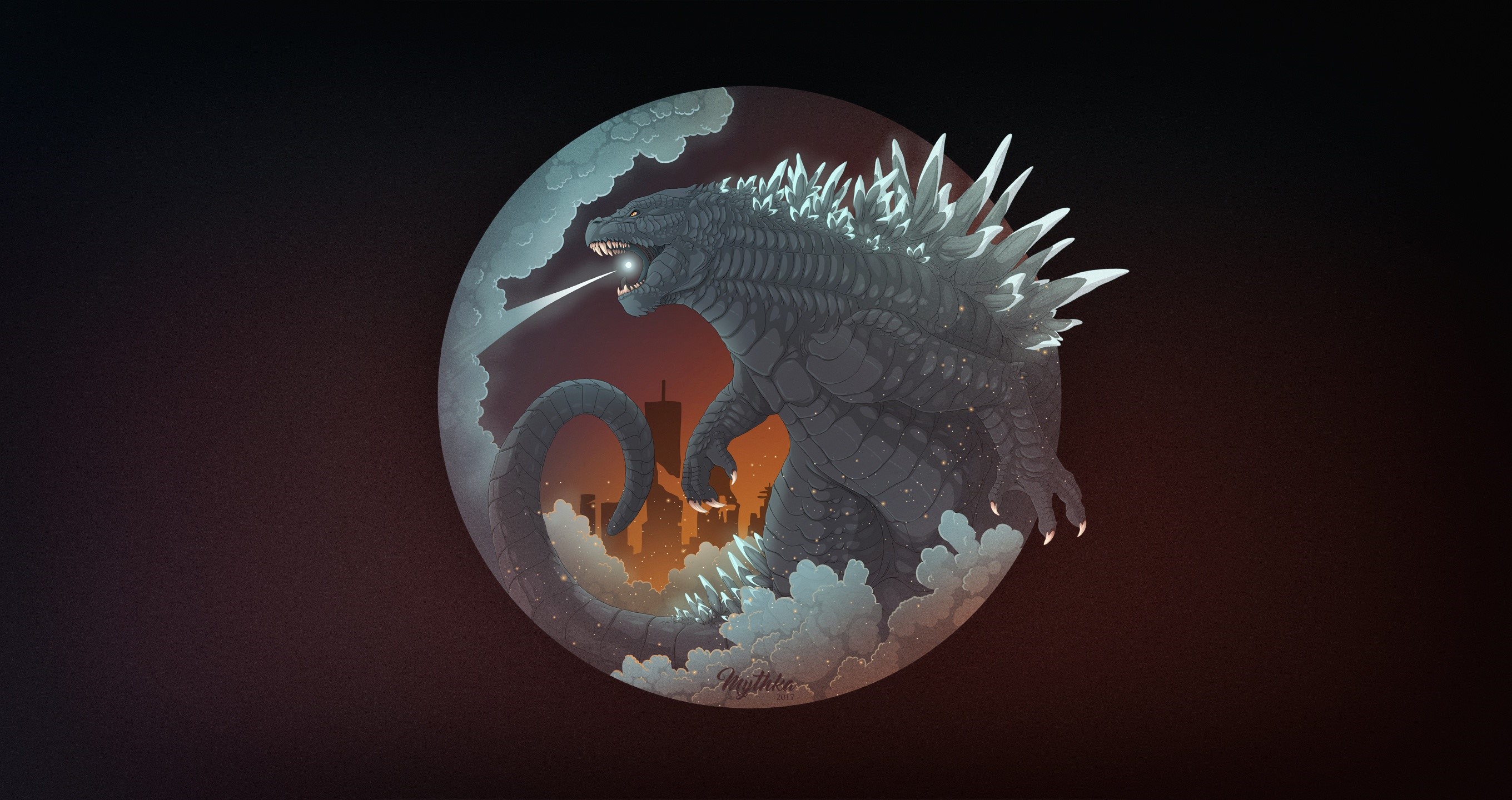 Godzilla breathing atomic breath over a city HD Wallpaper