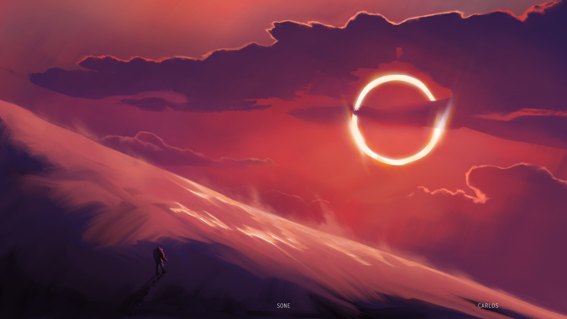 Artwork of an eclipse over a snowy mountain with a lone figure HD Wallpaper