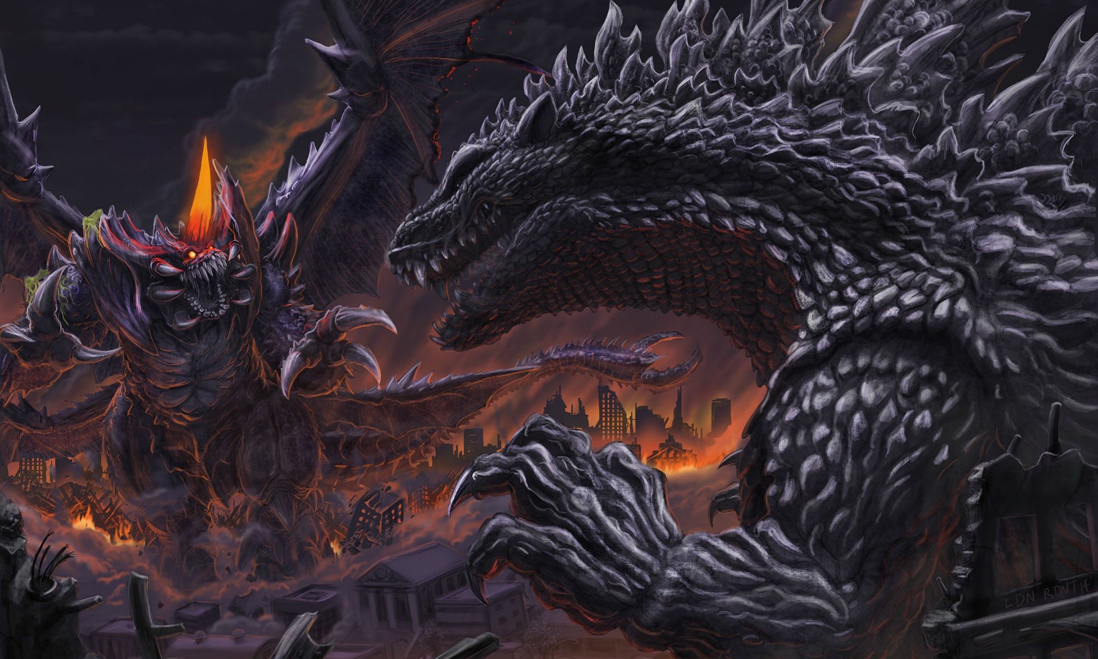 Godzilla and King Ghidorah fighting in a destroyed city HD Wallpaper