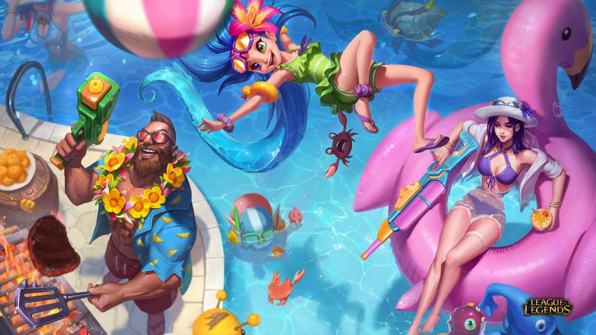 Pool Party Zoe, Ziggs, Caitlyn, and Lulu from League of Legends HD Wallpaper