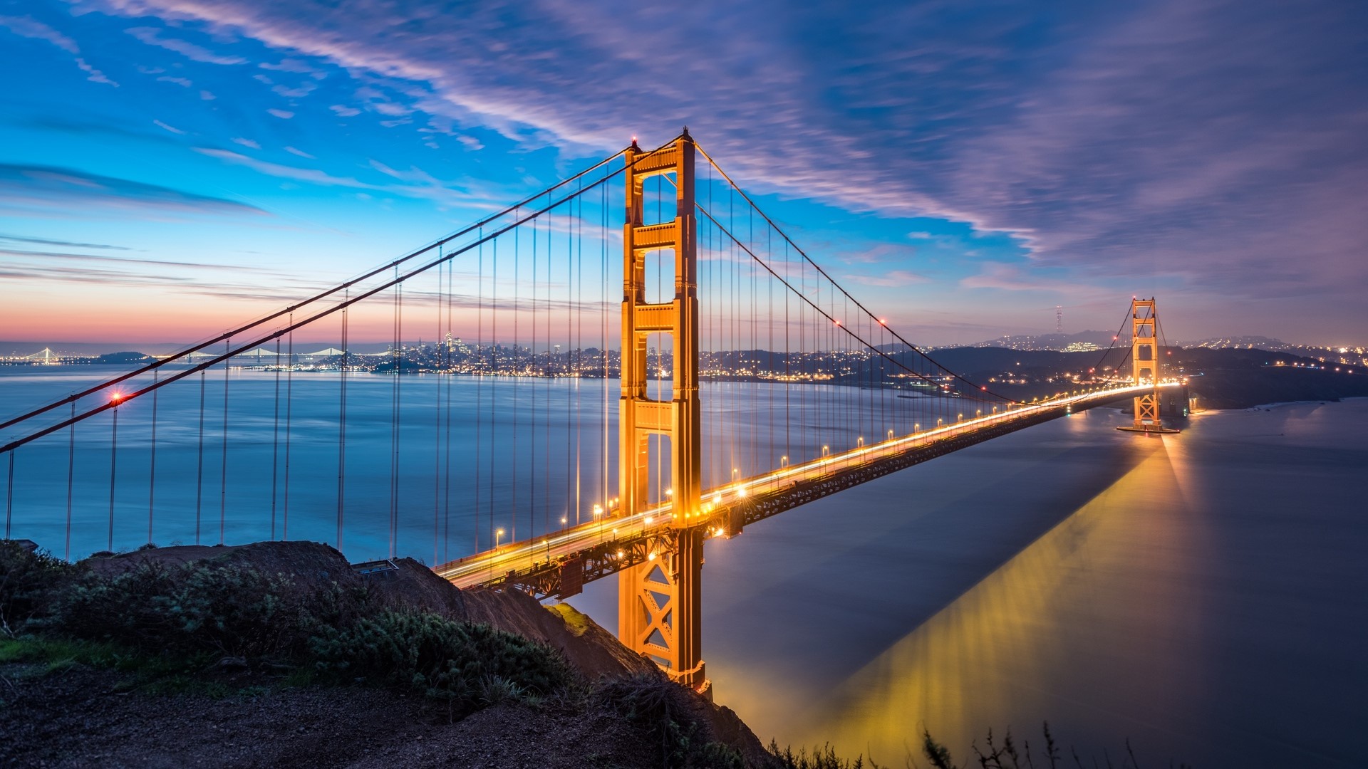 Golden Gate Bridge at dusk with city lights HD Wallpaper