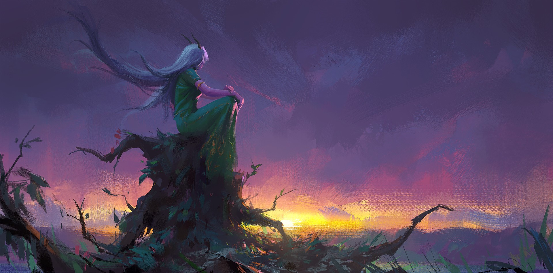 Woman with white hair and demon horns sitting on a tree stump HD Wallpaper