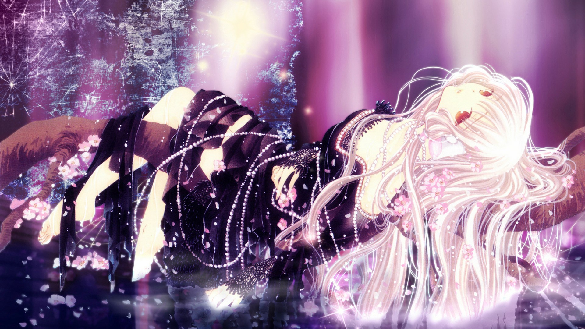 Anime girl with long blonde hair and red eyes HD Wallpaper