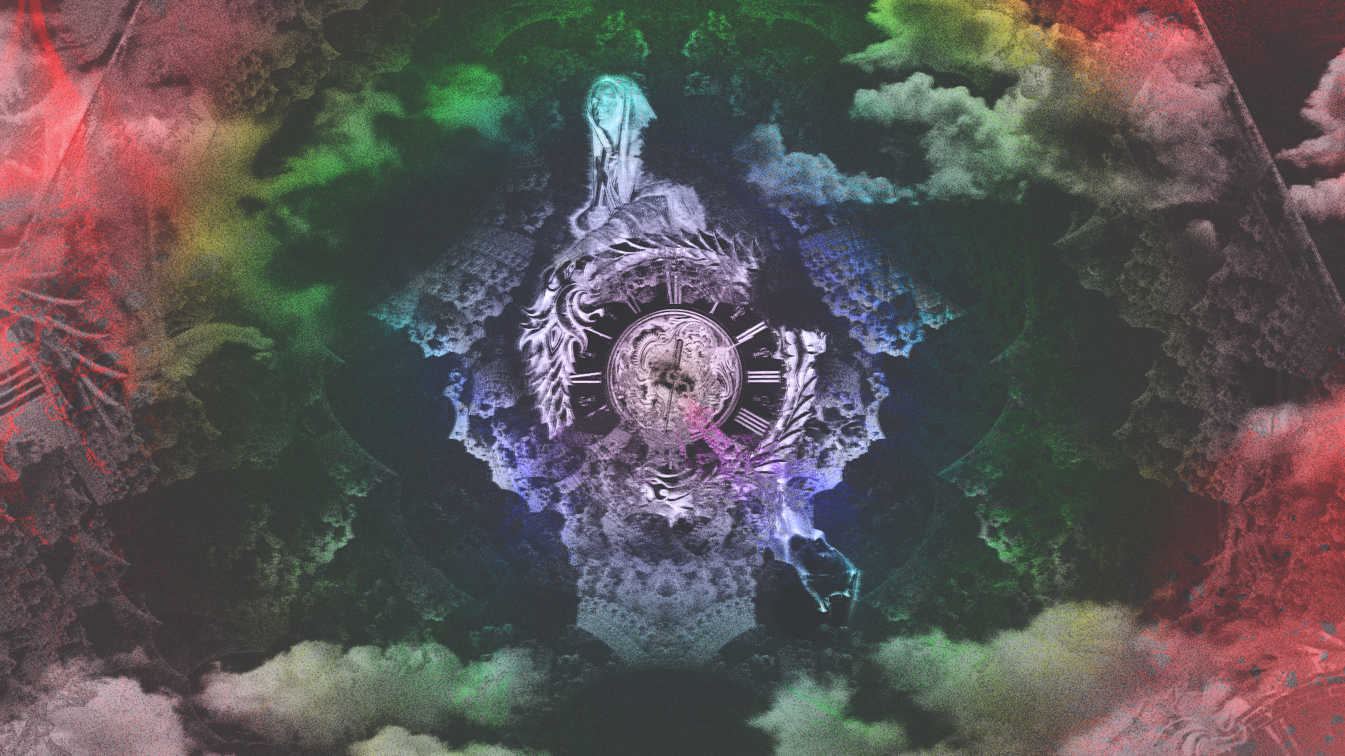 Surreal clock with fractal clouds and rainbow colors HD Wallpaper
