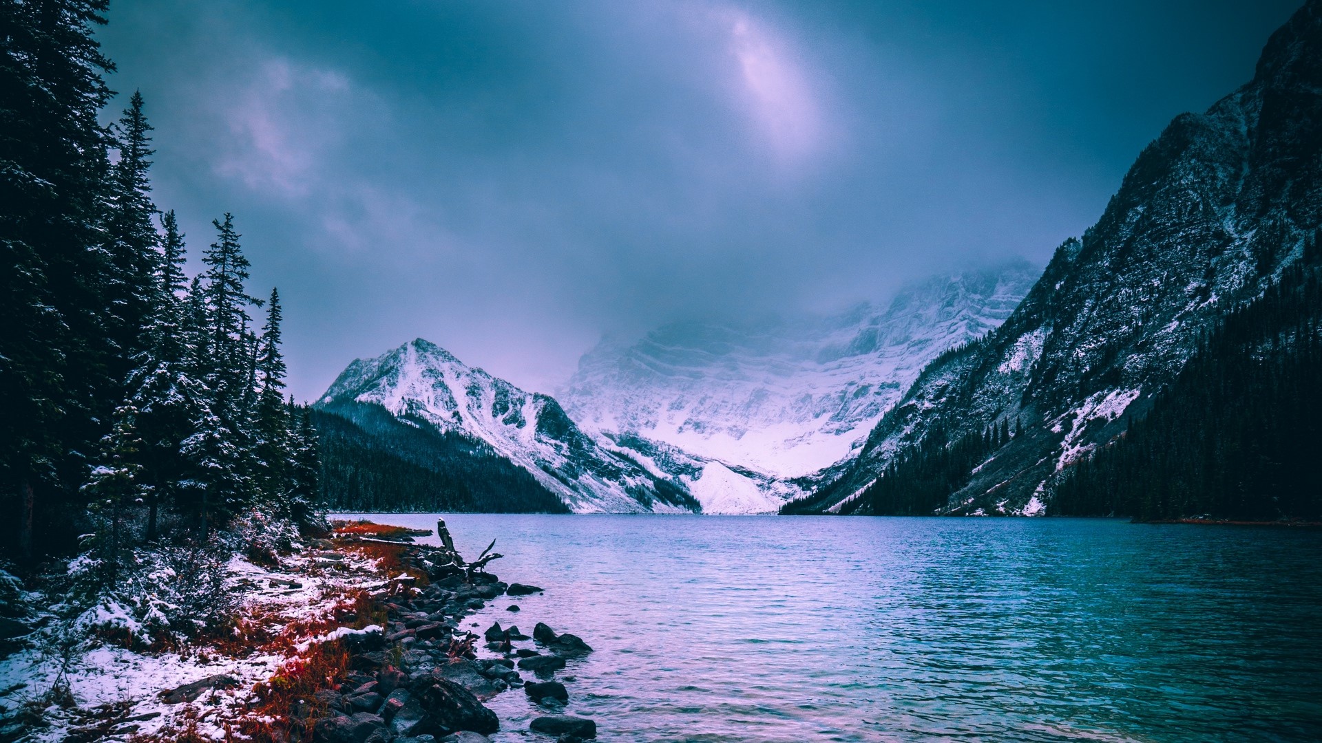 Snowy mountains and lake in Canada HD Wallpaper