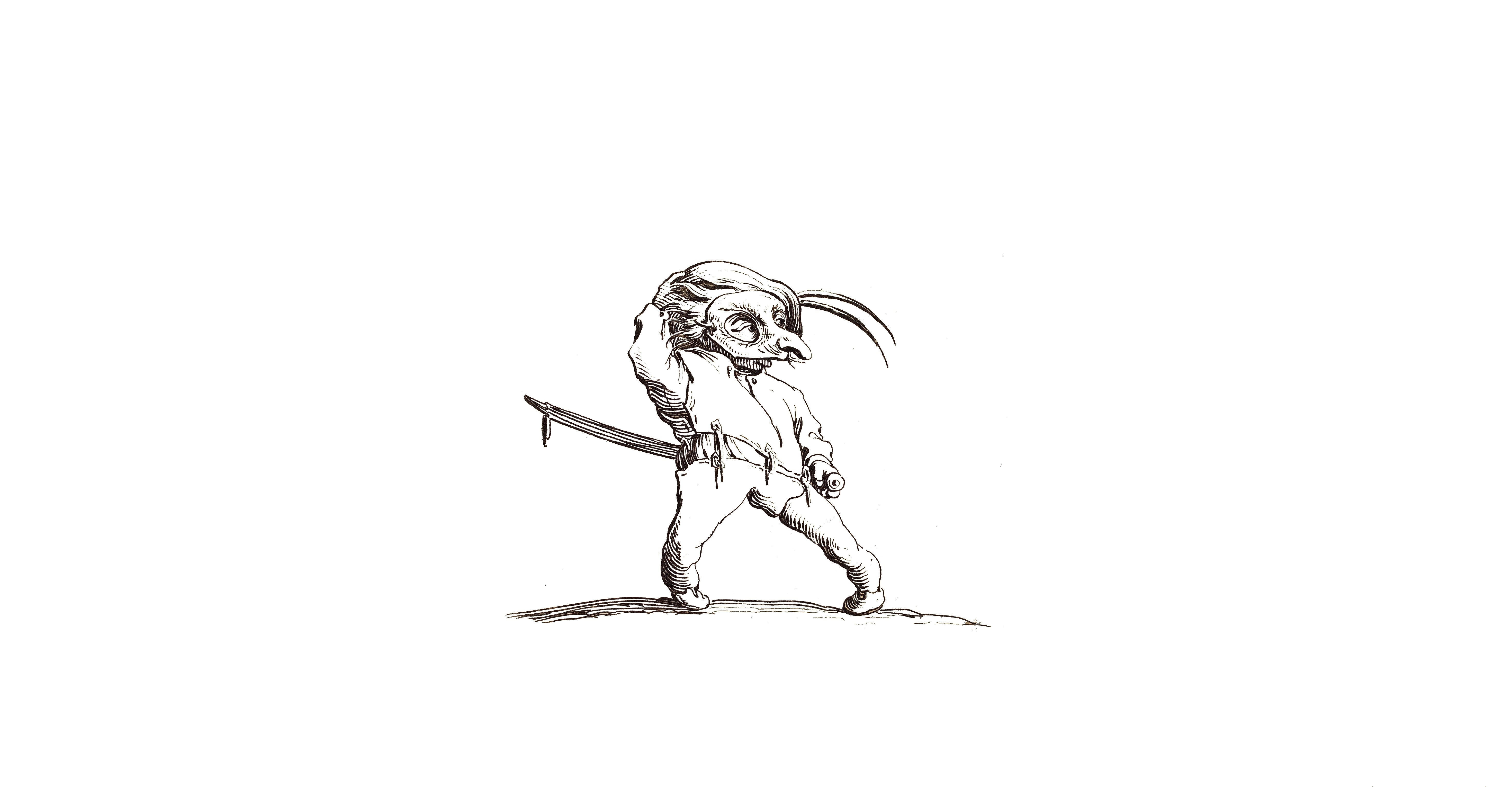 Monochrome etching of a creature with a sword HD Wallpaper
