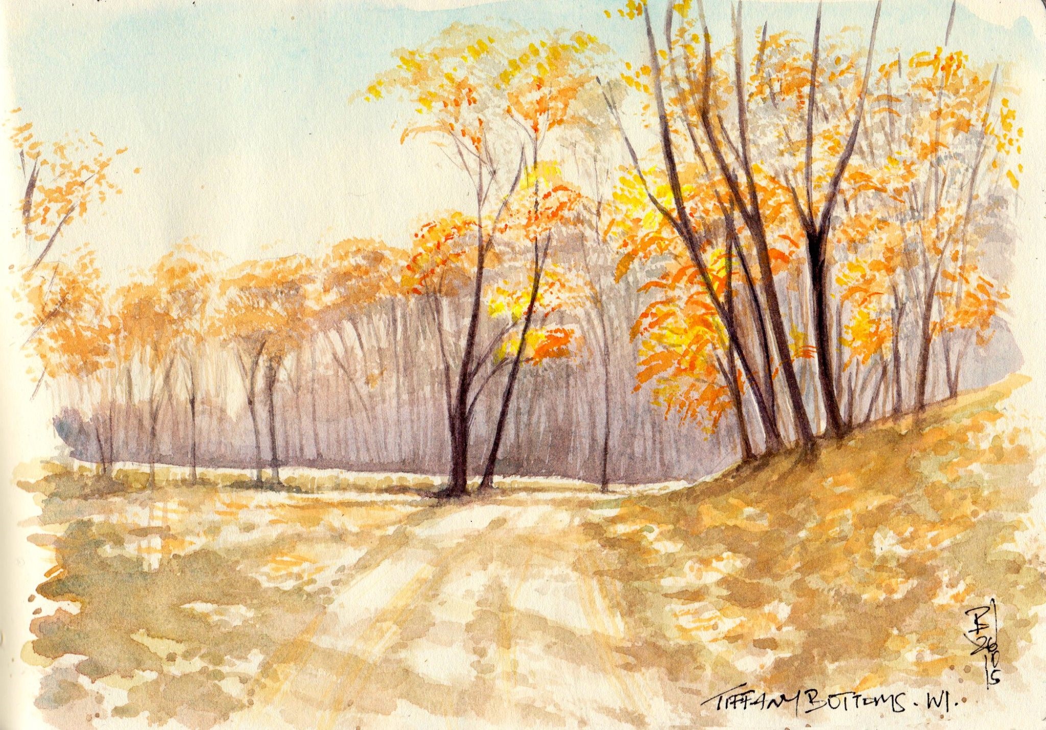 Watercolor painting of a forest path in autumn HD Wallpaper