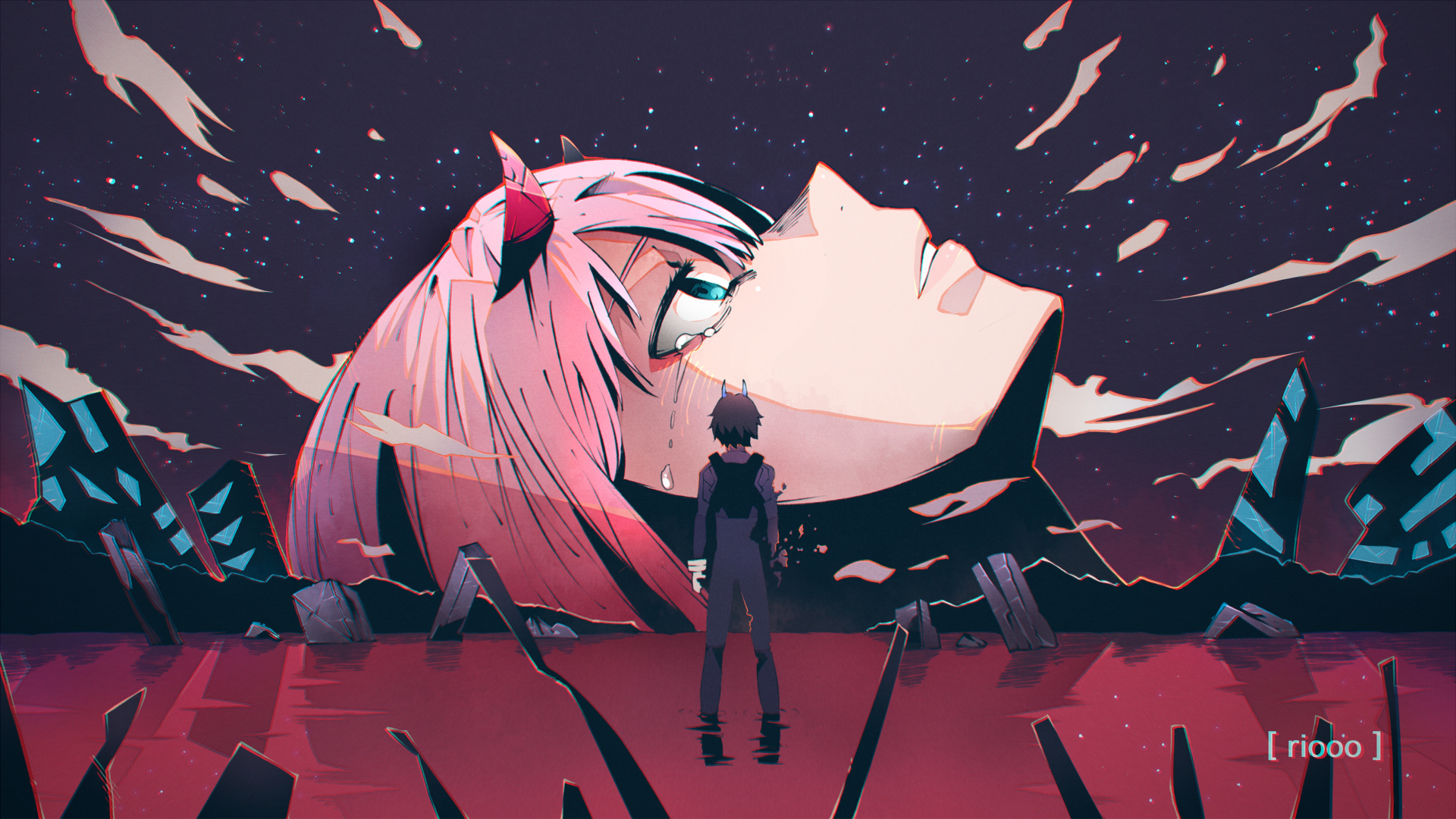 Zero Two and Hiro from Darling in the FranXX in a red sea HD Wallpaper