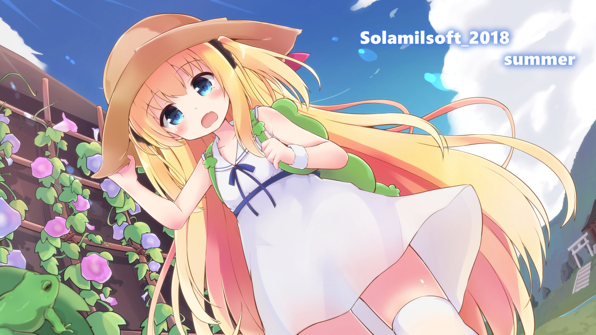 Blonde Anime Girl in White Dress with Straw Hat HD Wallpaper