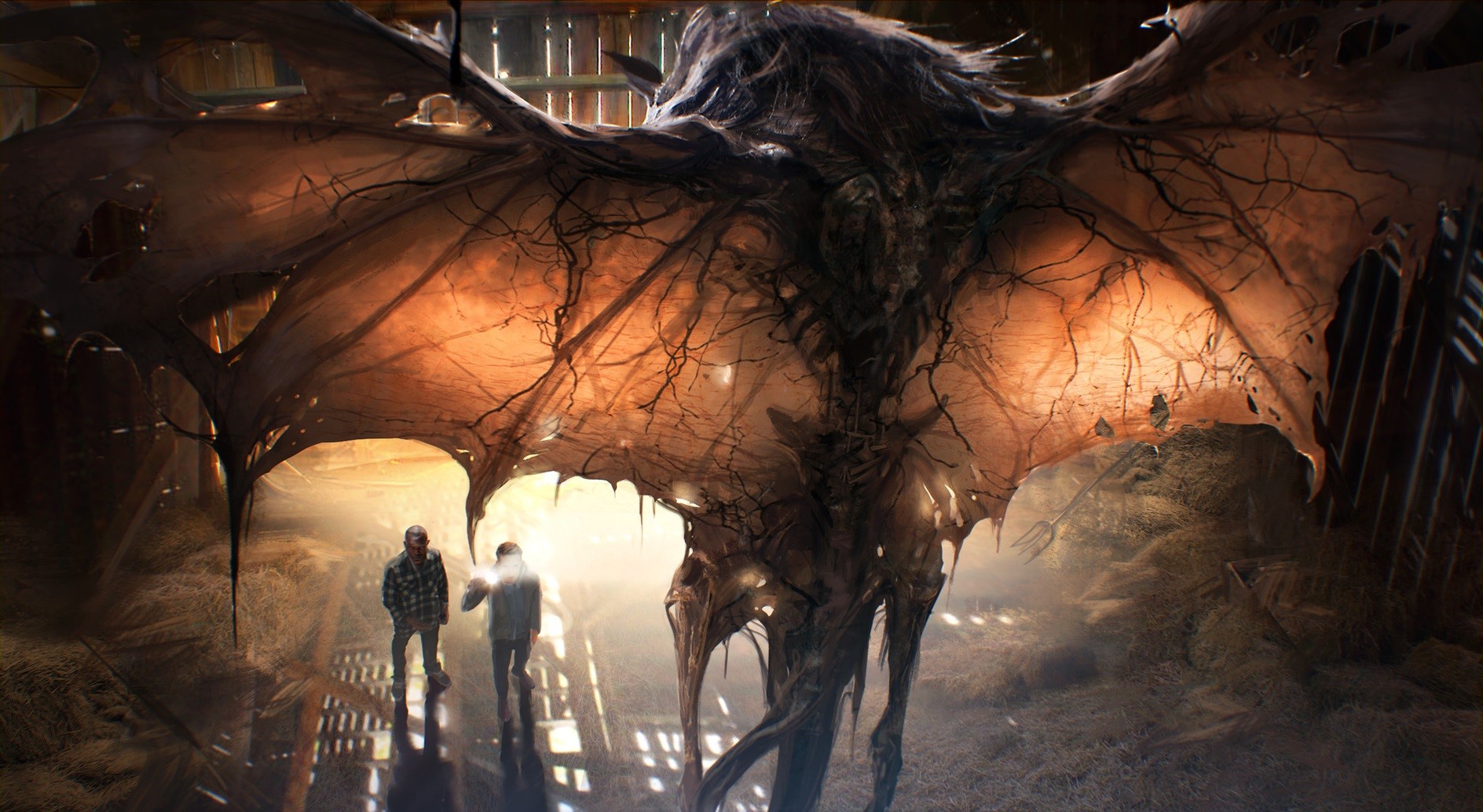 Creature with tattered wings in a barn HD Wallpaper
