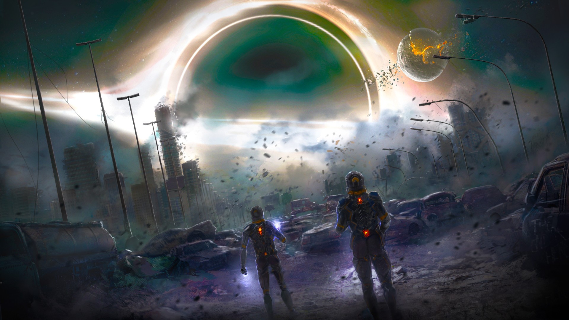 Two astronauts in a destroyed city with a black hole HD Wallpaper