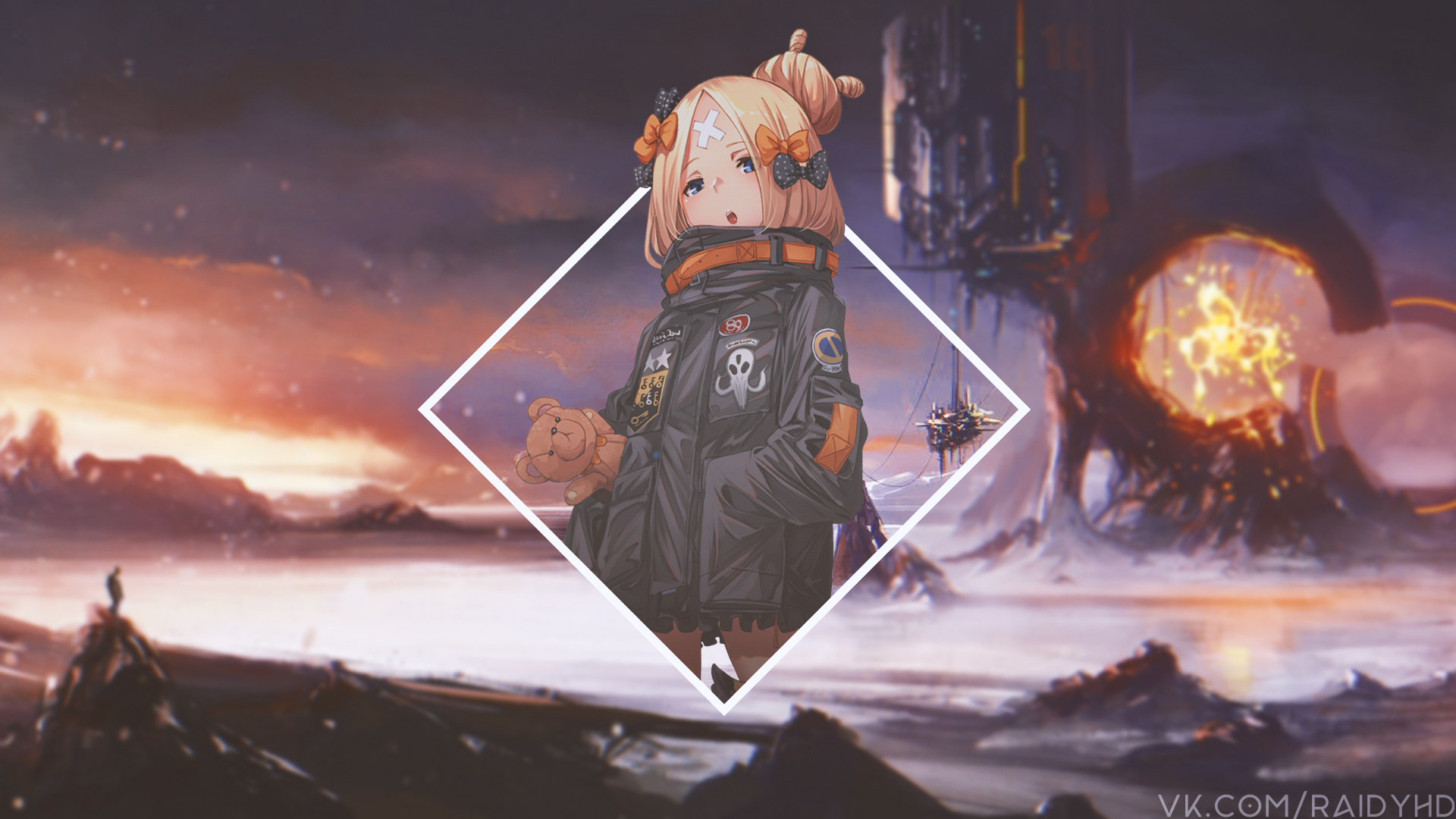 Anime girl with teddy bear in a futuristic landscape HD Wallpaper