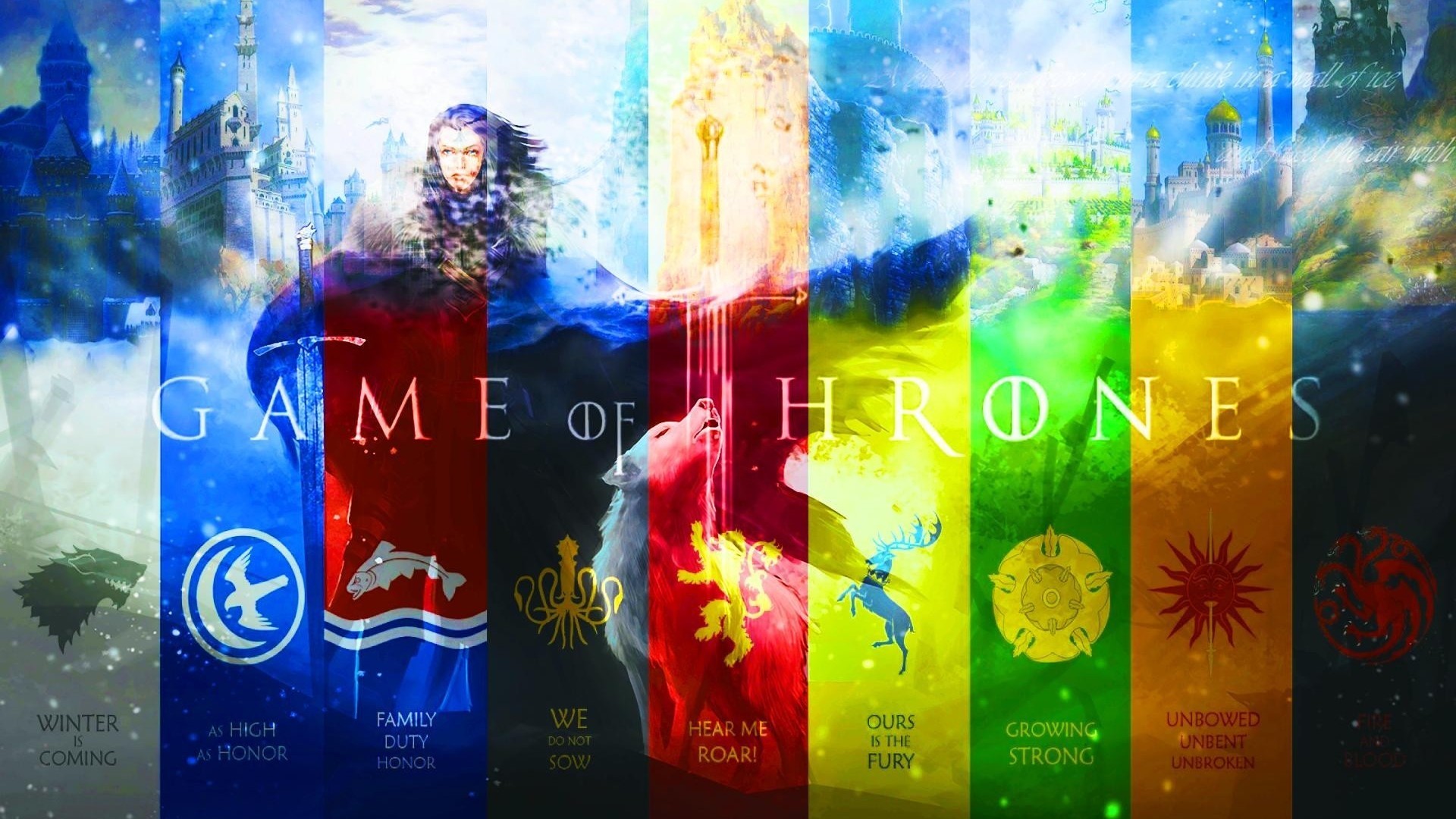 Game of Thrones collage with house sigils and mottos HD Wallpaper
