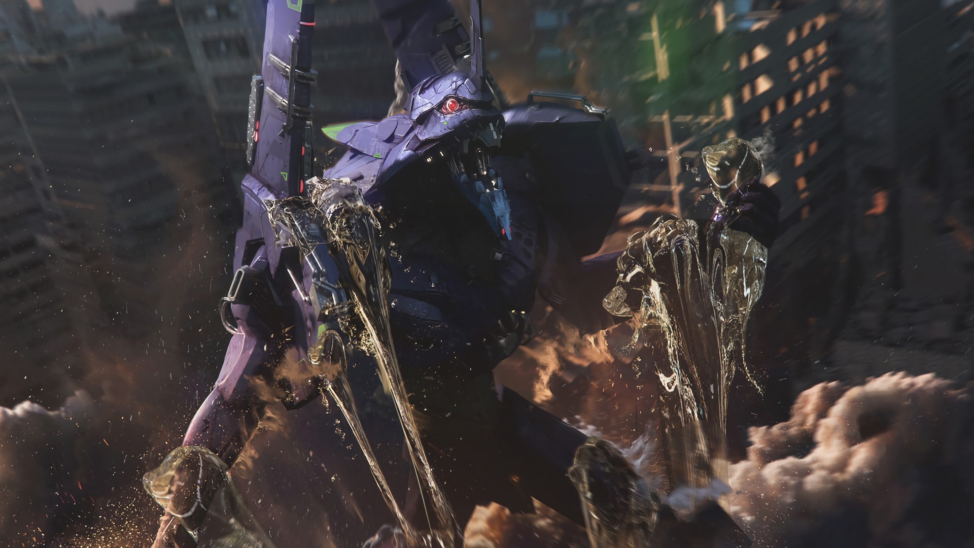 EVA Unit 01 from Neon Genesis Evangelion in a destroyed city HD Wallpaper