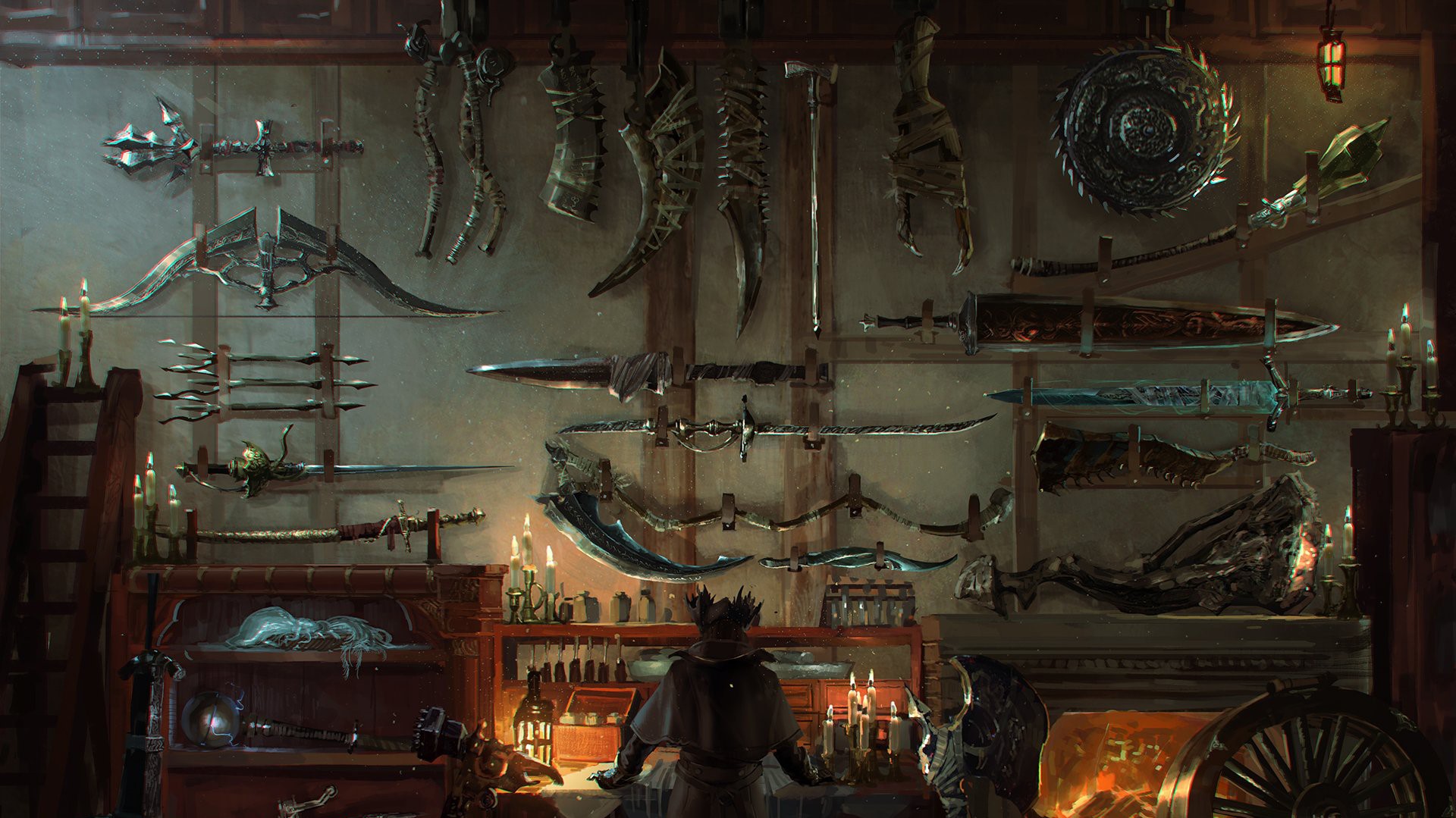 Bloodborne weapon display in a workshop HD Wallpaper