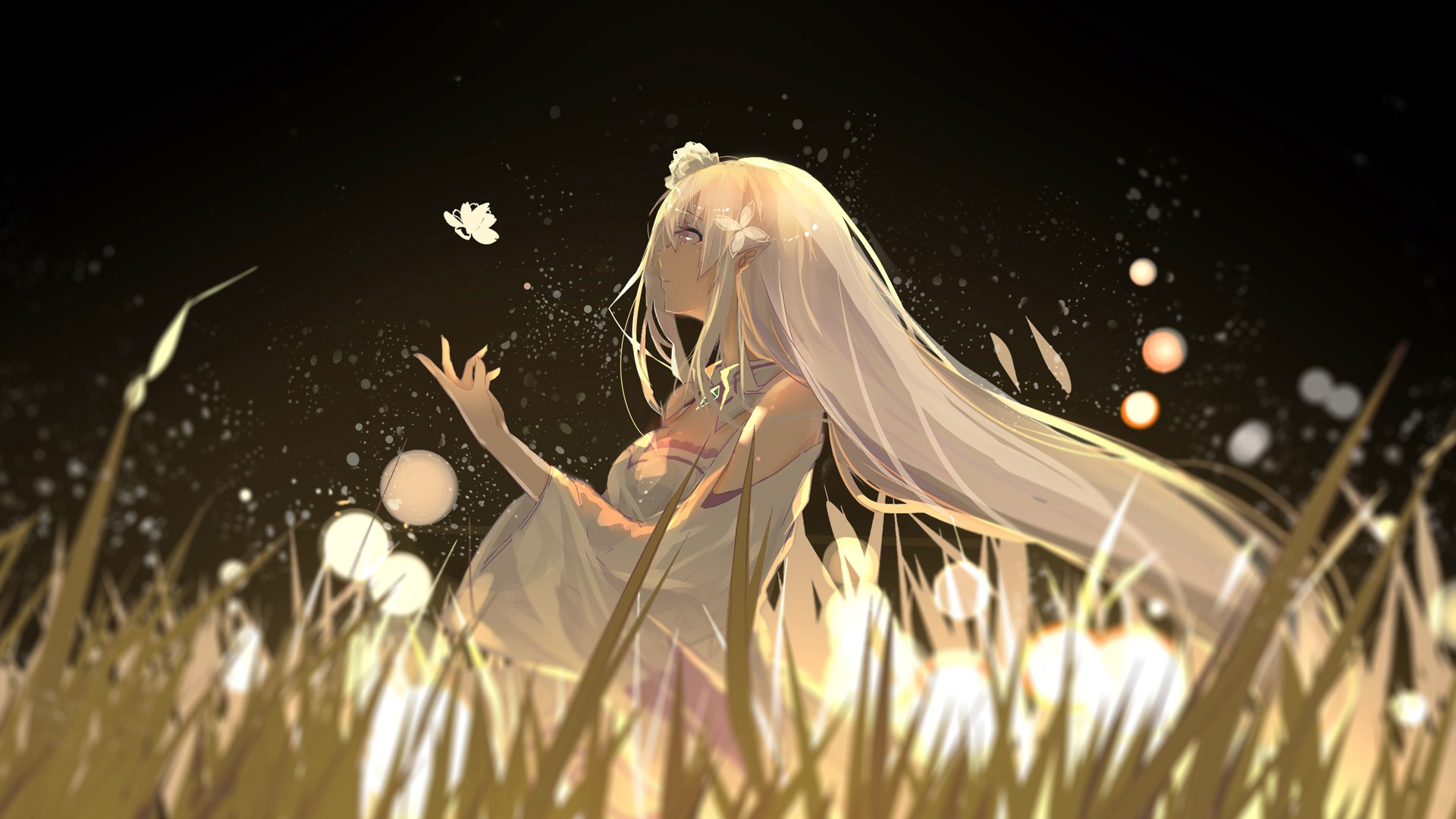 Emilia from Re:Zero in a field at night HD Wallpaper