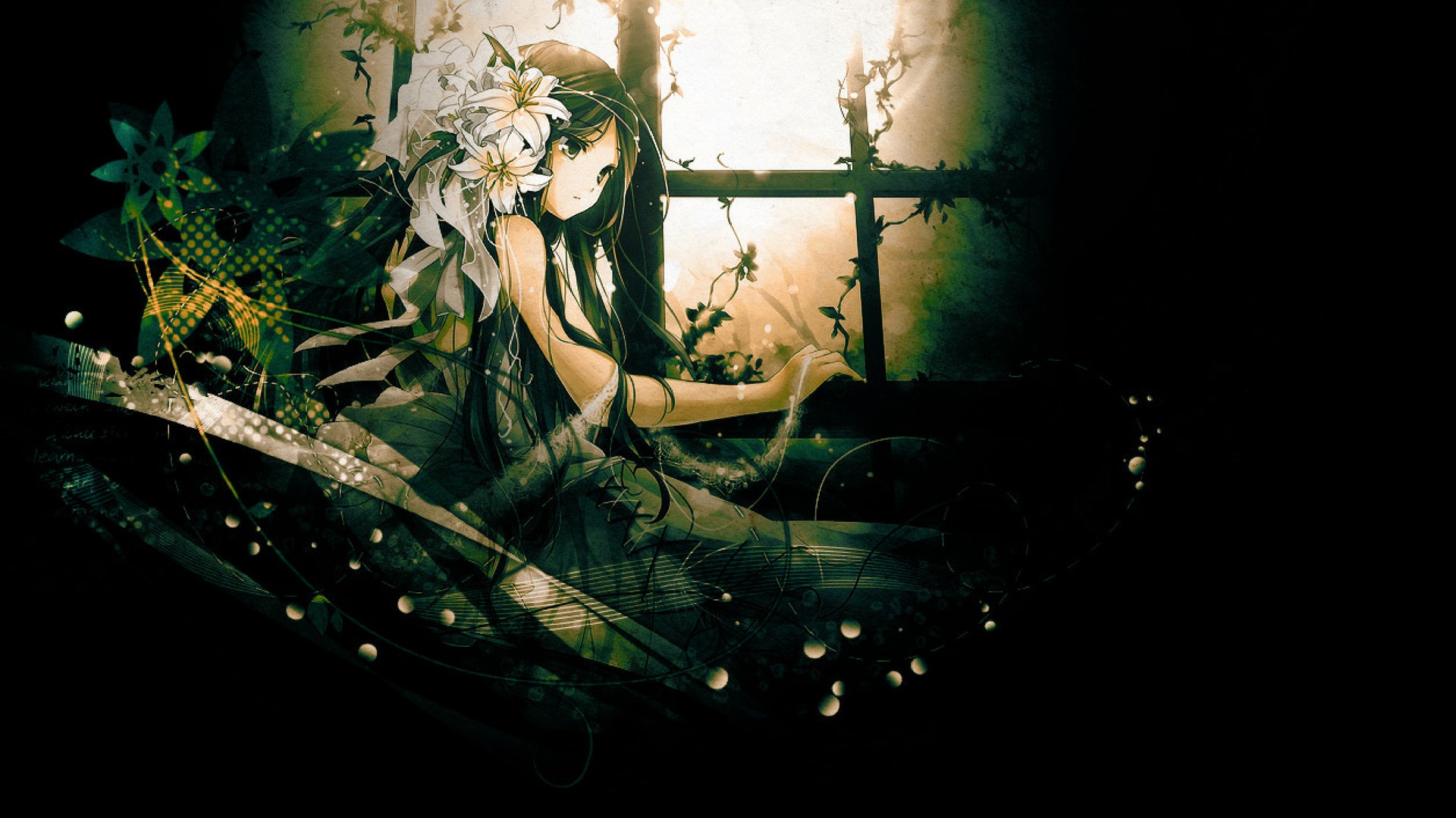 Anime girl with flowers by a window HD Wallpaper