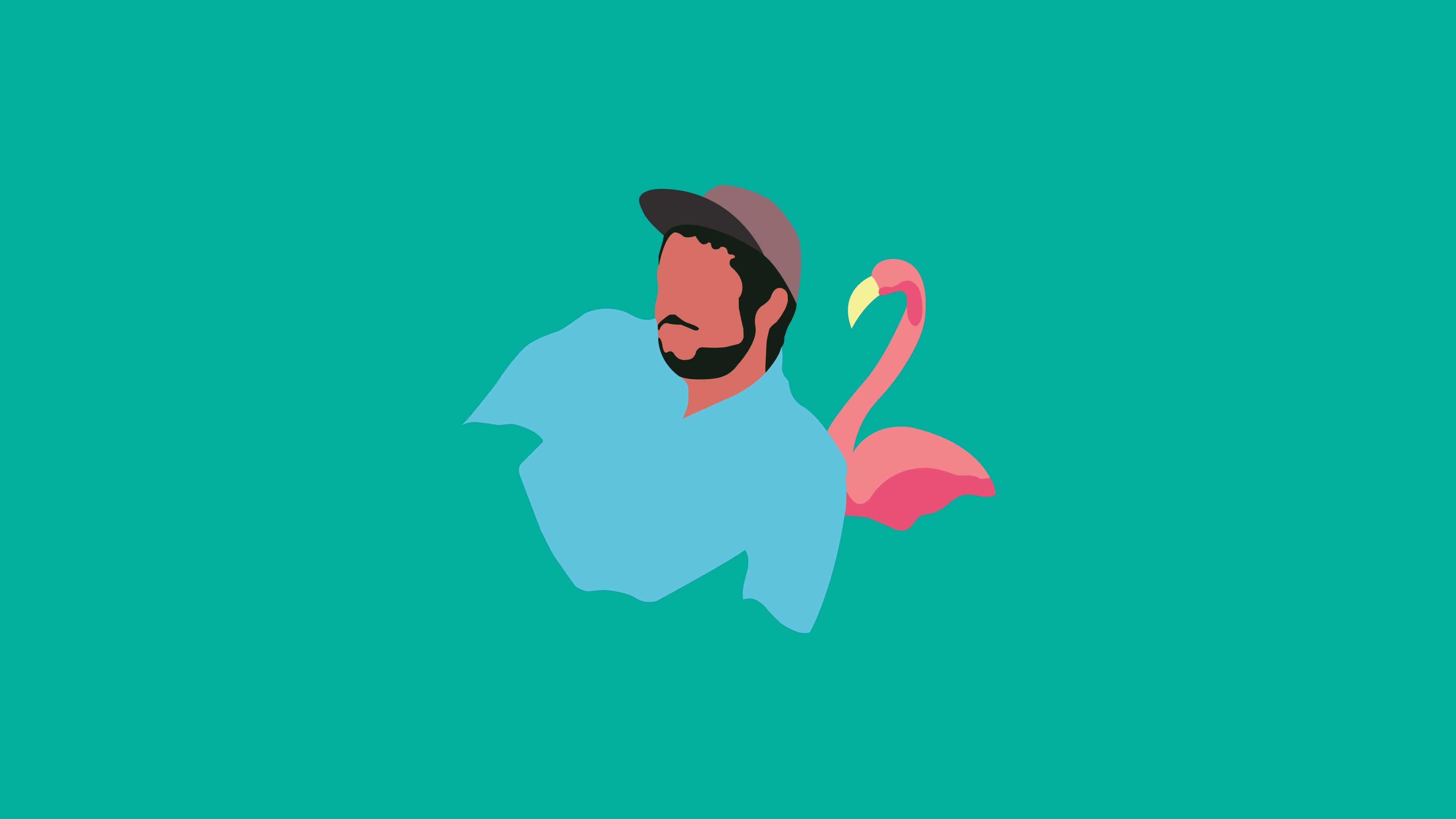 Minimalist illustration of a man with a beard and a flamingo HD Wallpaper