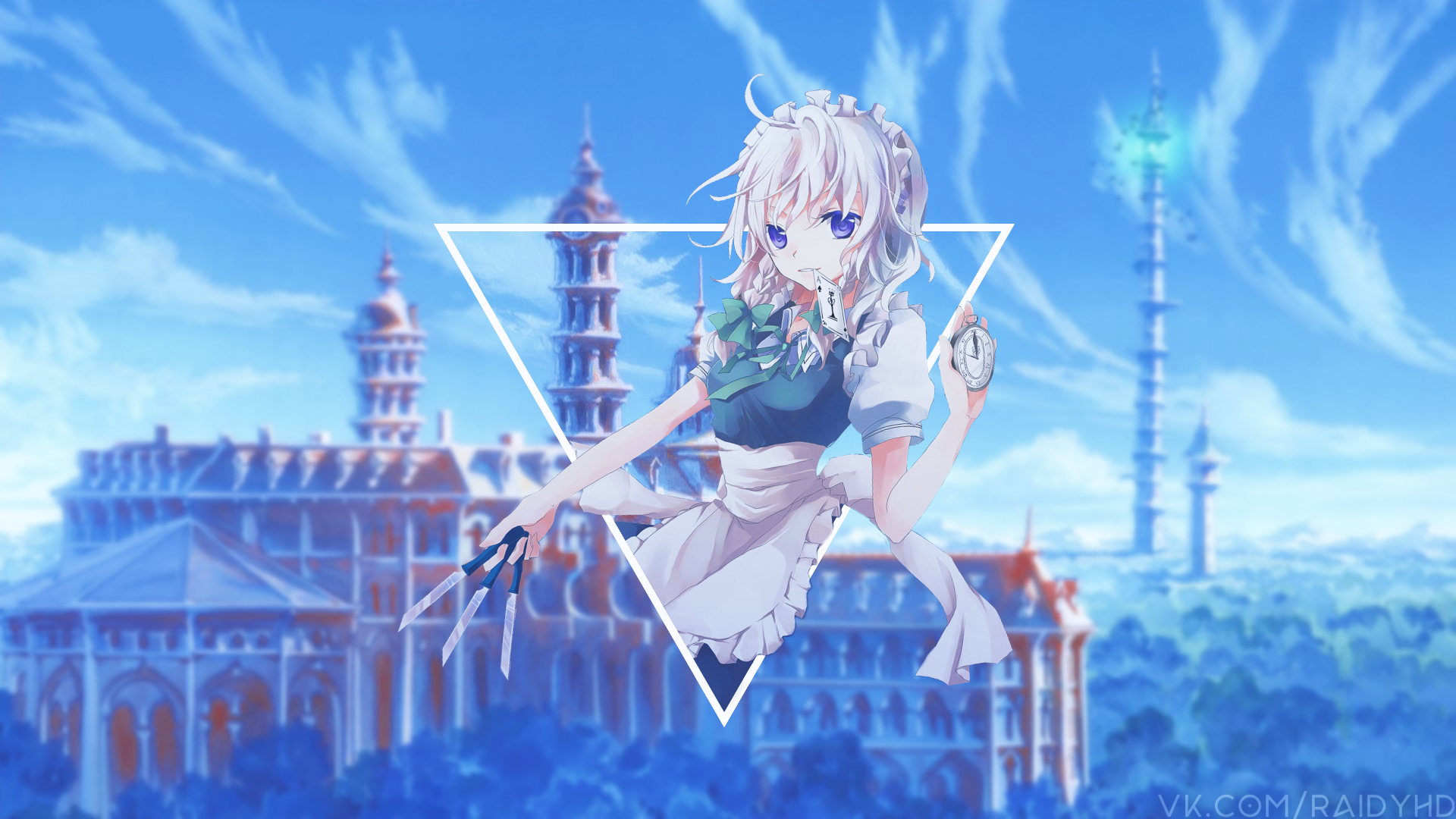 Izayoi Sakuya from Touhou holding knives and a pocket watch HD Wallpaper