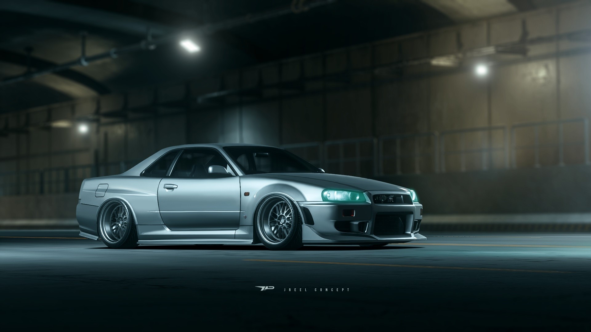 Silver Nissan GT-R R34 parked in a tunnel HD Wallpaper