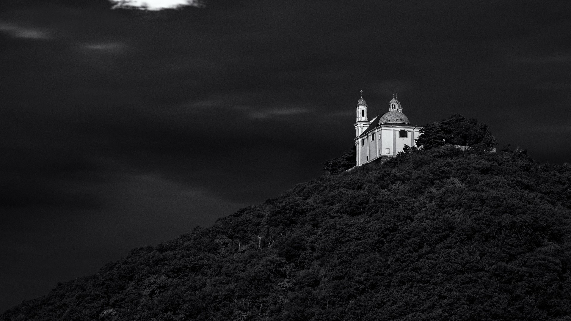 Church on a hill in monochrome HD Wallpaper