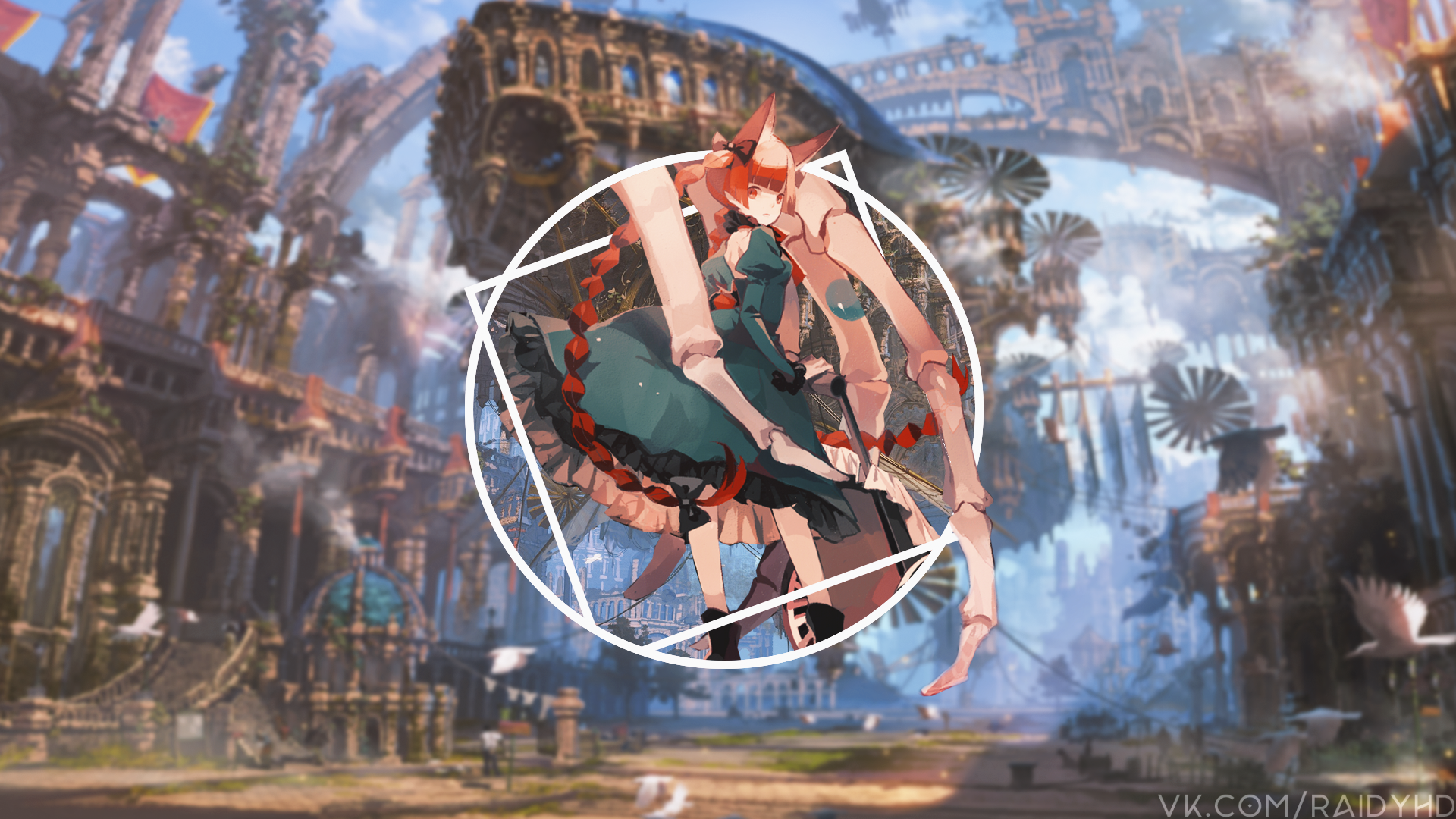 Anime girl with crab-like legs in a fantasy city HD Wallpaper