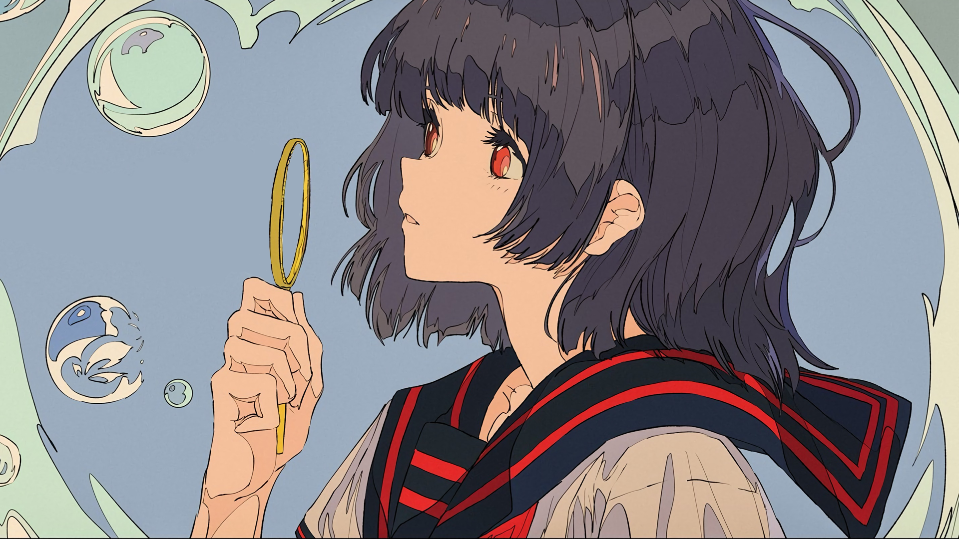 Anime girl with red eyes holding a magnifying glass HD Wallpaper
