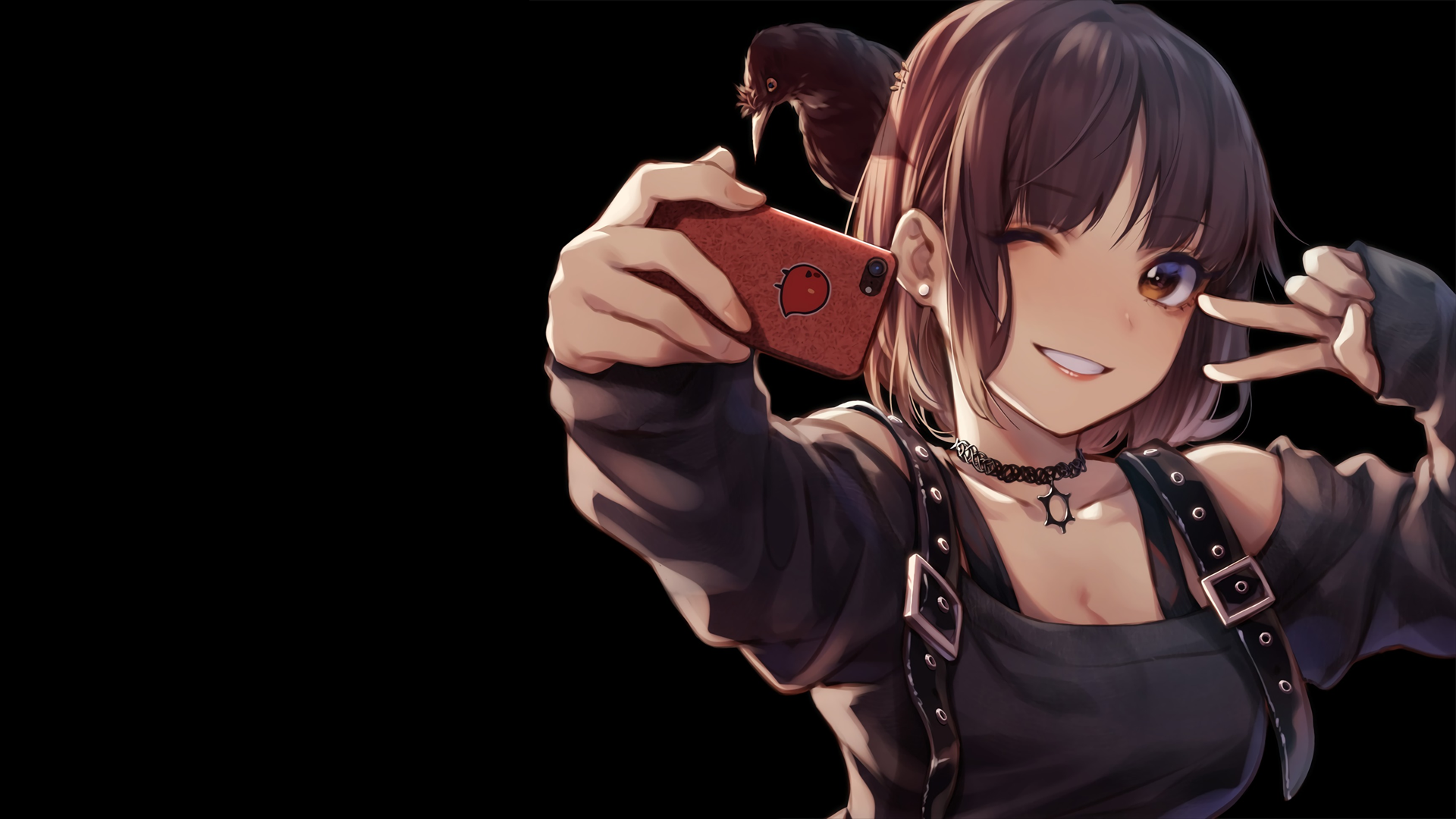Anime girl taking a selfie with a bird on her head HD Wallpaper