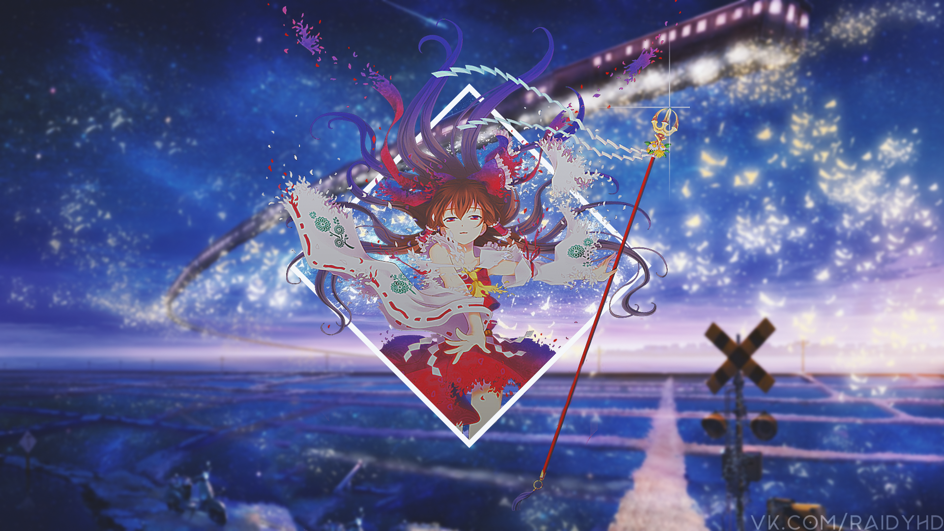 Anime girl with staff and train in starry sky HD Wallpaper