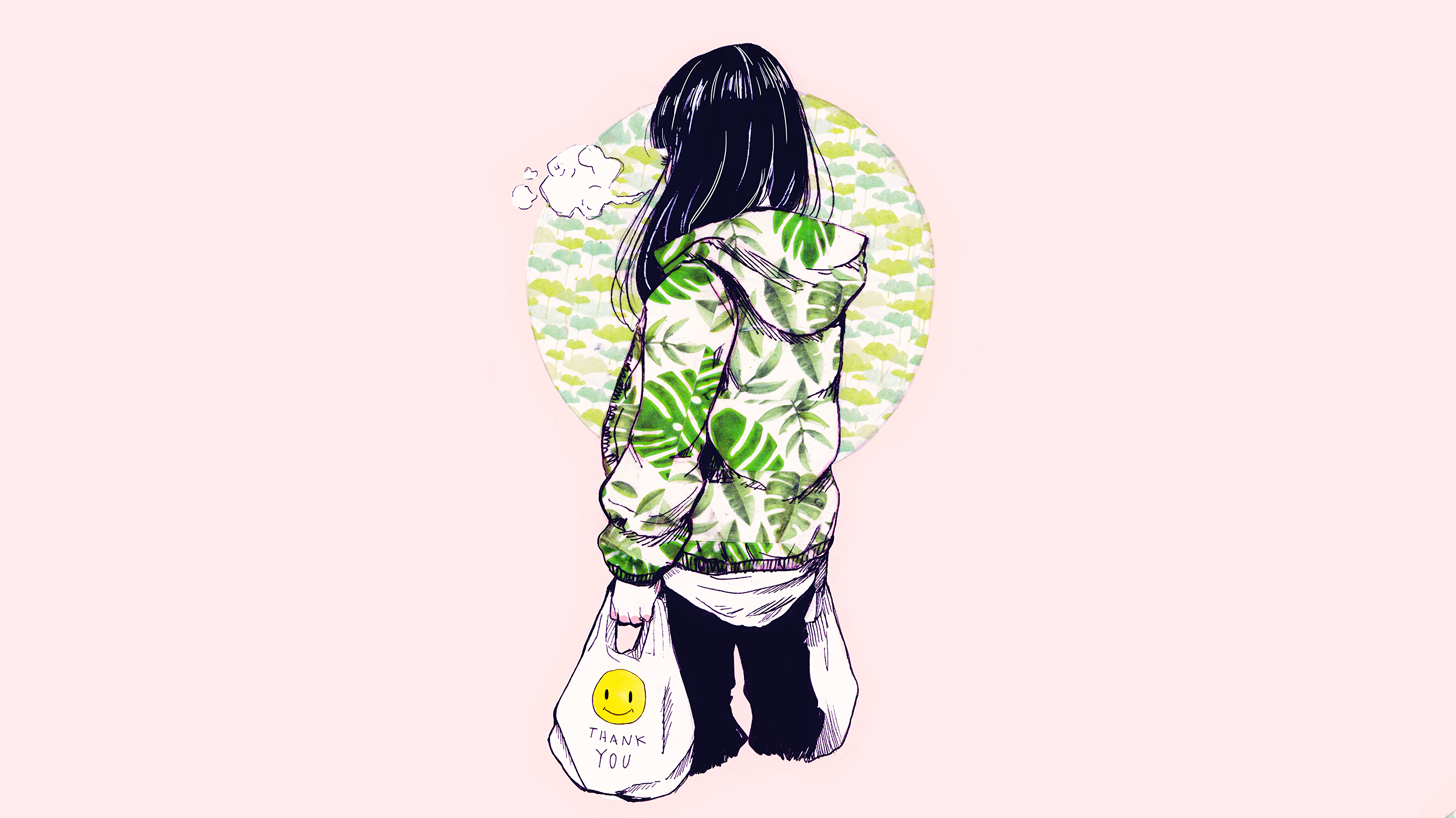 Anime girl with leaf print hoodie and shopping bag HD Wallpaper