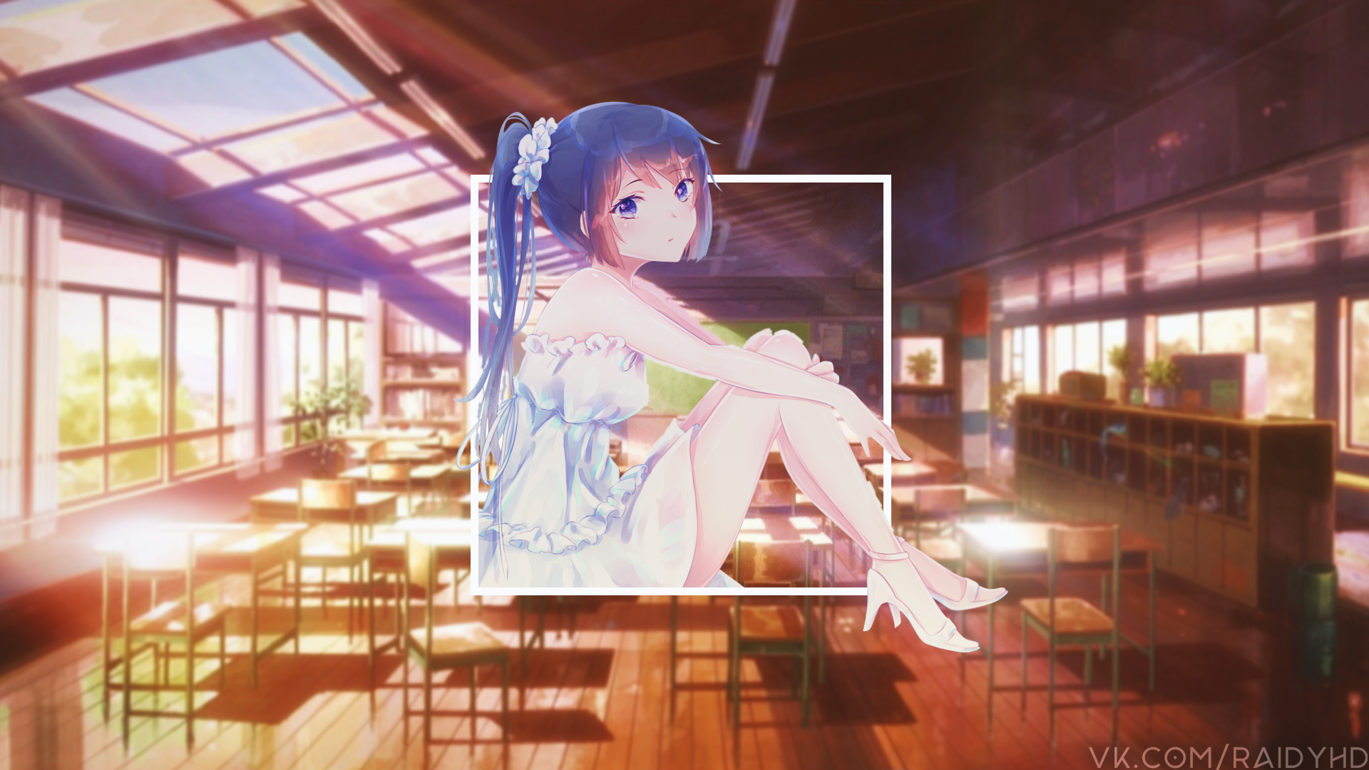 Anime girl in a white dress in a classroom HD Wallpaper