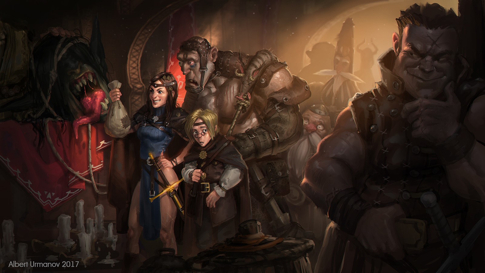 Fantasy characters in a dimly lit tavern HD Wallpaper