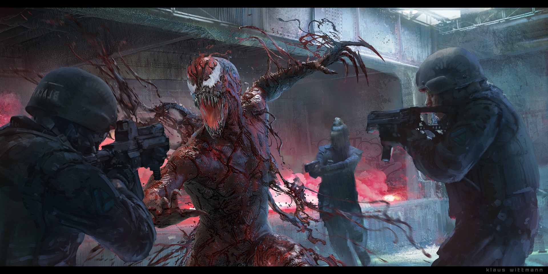 Carnage fighting police officers in a gritty urban environment HD Wallpaper