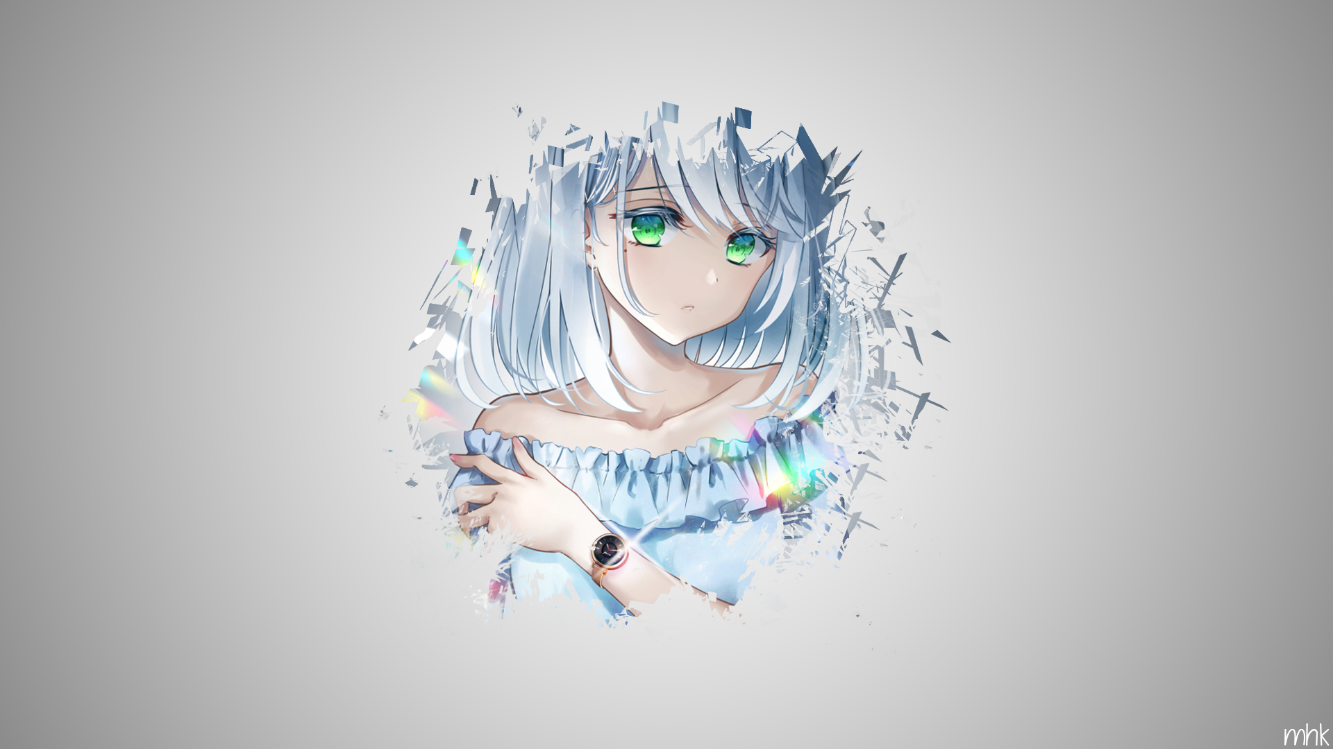 Anime girl with white hair and green eyes HD Wallpaper