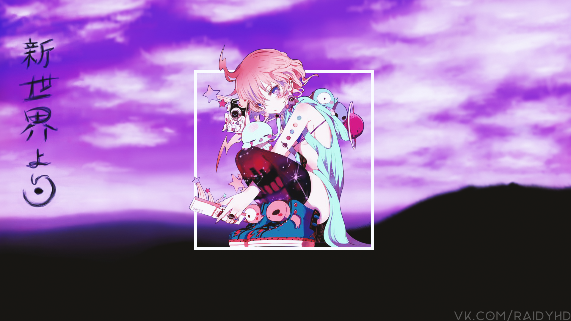 Anime girl with pink hair and planets HD Wallpaper