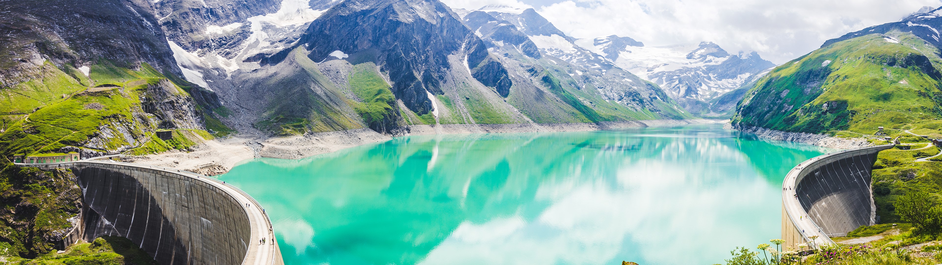 Dam and turquoise lake in Austrian Alps HD Wallpaper