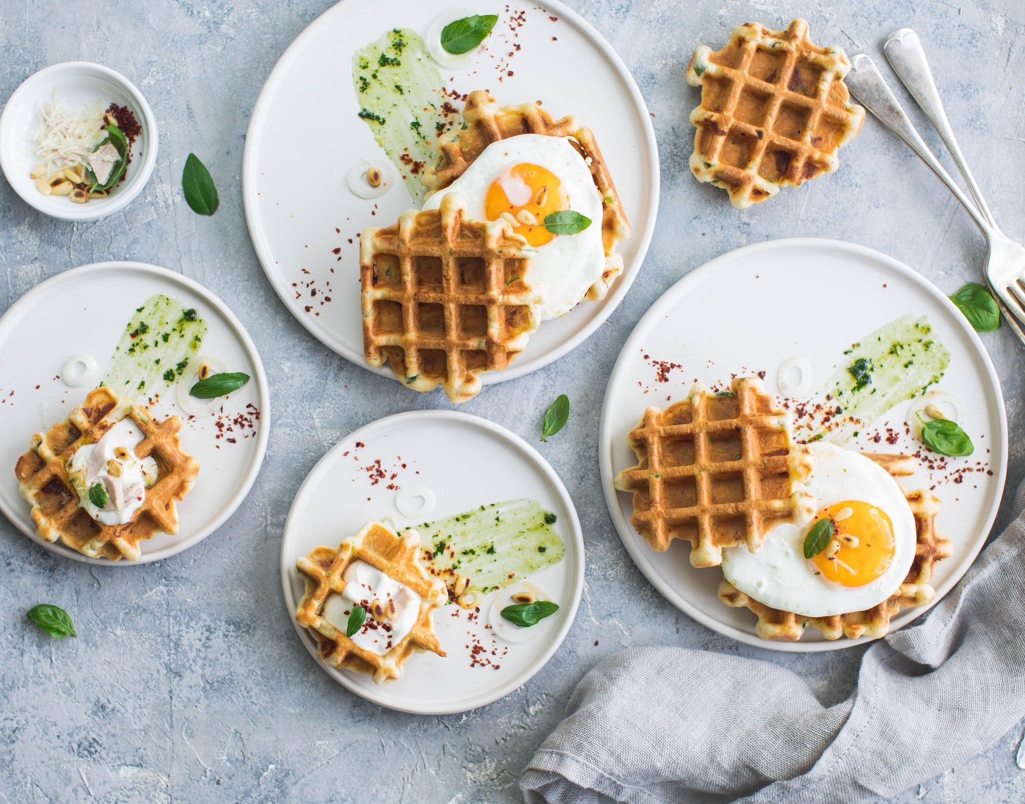 Waffles with fried eggs and green sauce HD Wallpaper