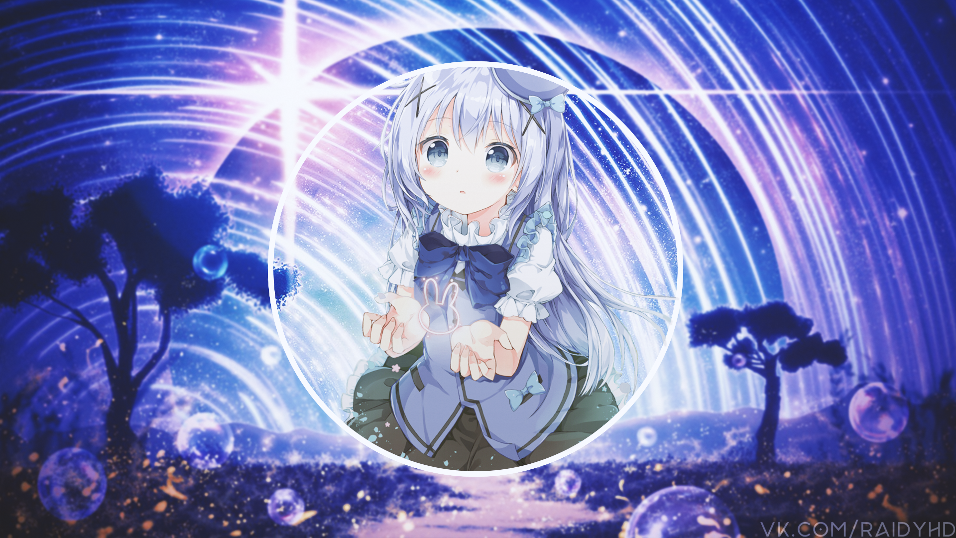 Anime girl with blue bow in starry background HD Wallpaper