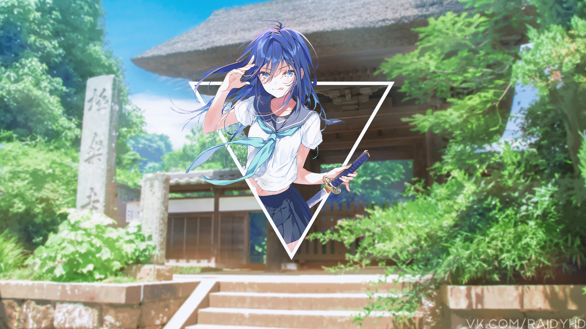 Anime girl with blue hair and katana in front of Japanese temple HD Wallpaper