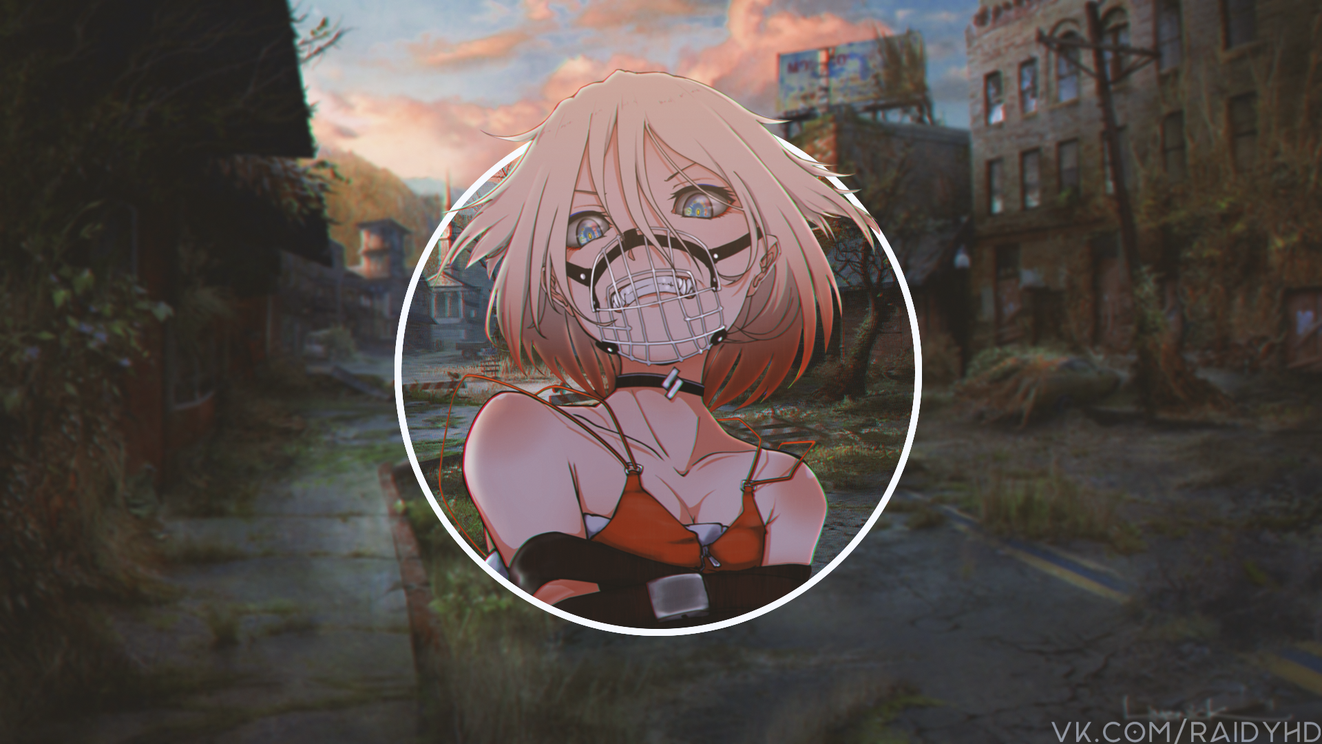 Anime girl with muzzle in abandoned city HD Wallpaper