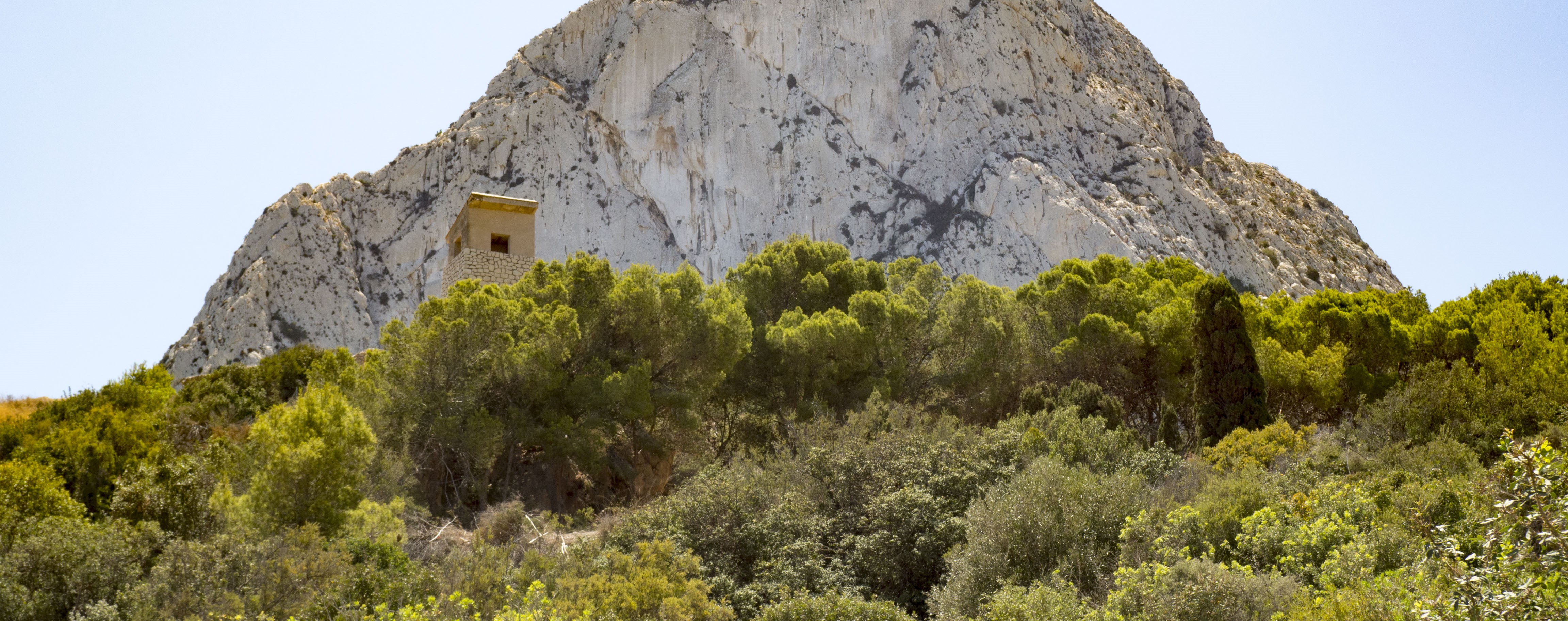 Mountain with a small building and trees HD Wallpaper