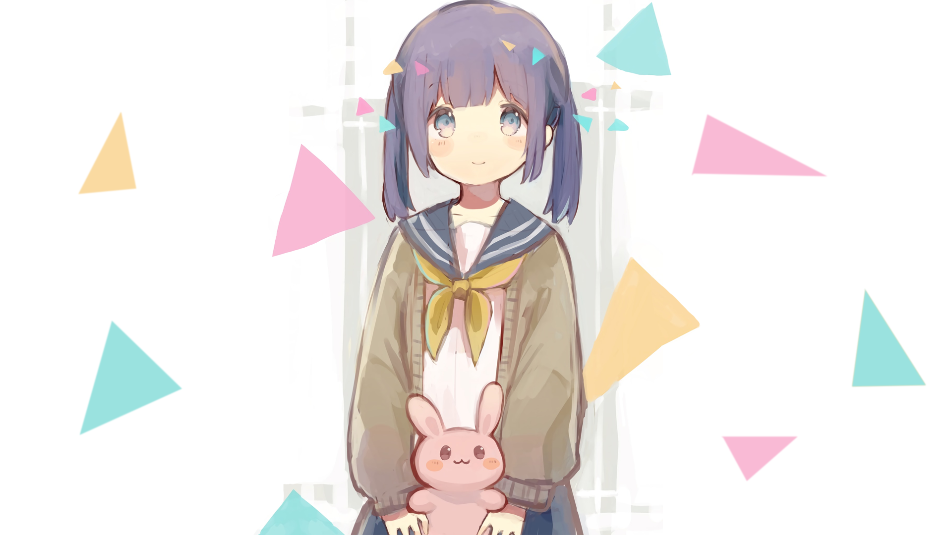 Anime girl with purple hair holding a bunny HD Wallpaper