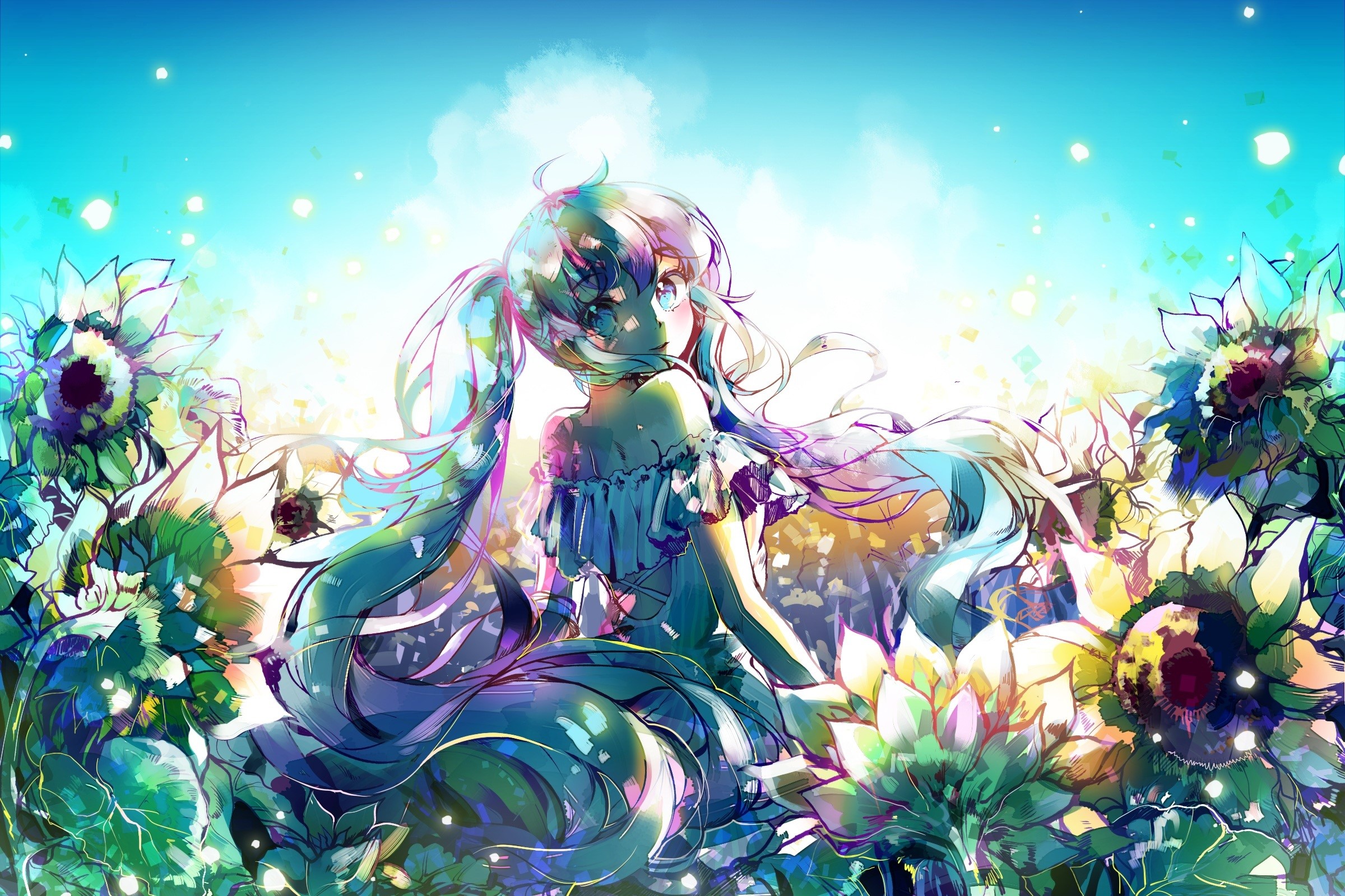 Anime girl with long hair in a field of flowers HD Wallpaper