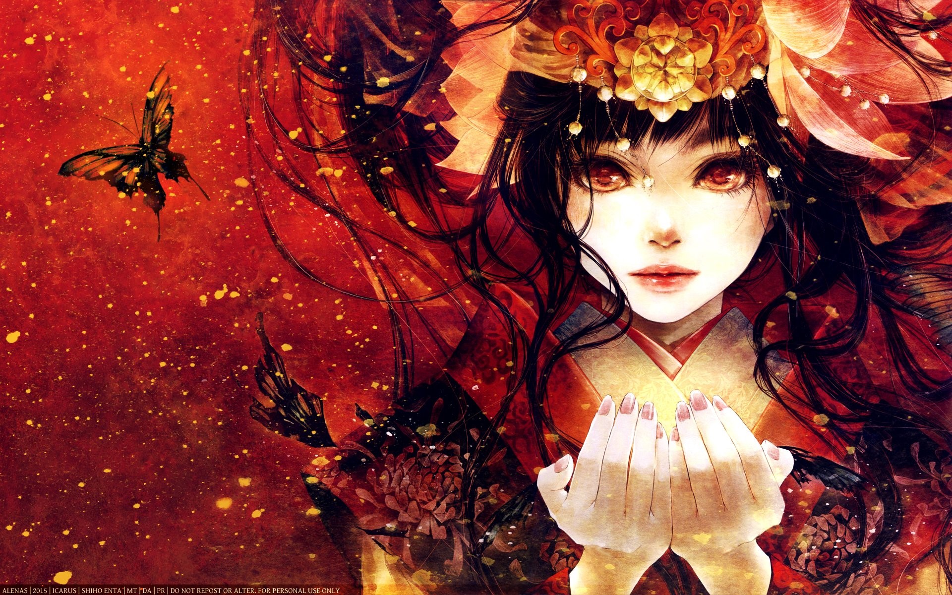 Anime girl with red eyes and butterflies HD Wallpaper