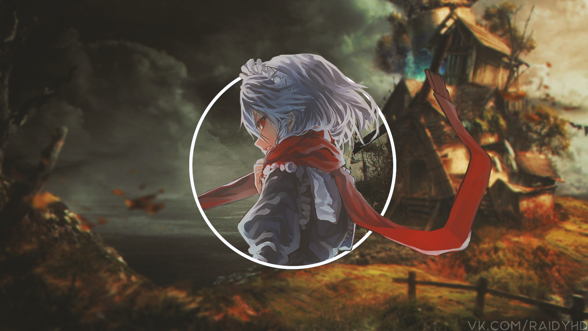 Anime girl with red scarf in a circle HD Wallpaper