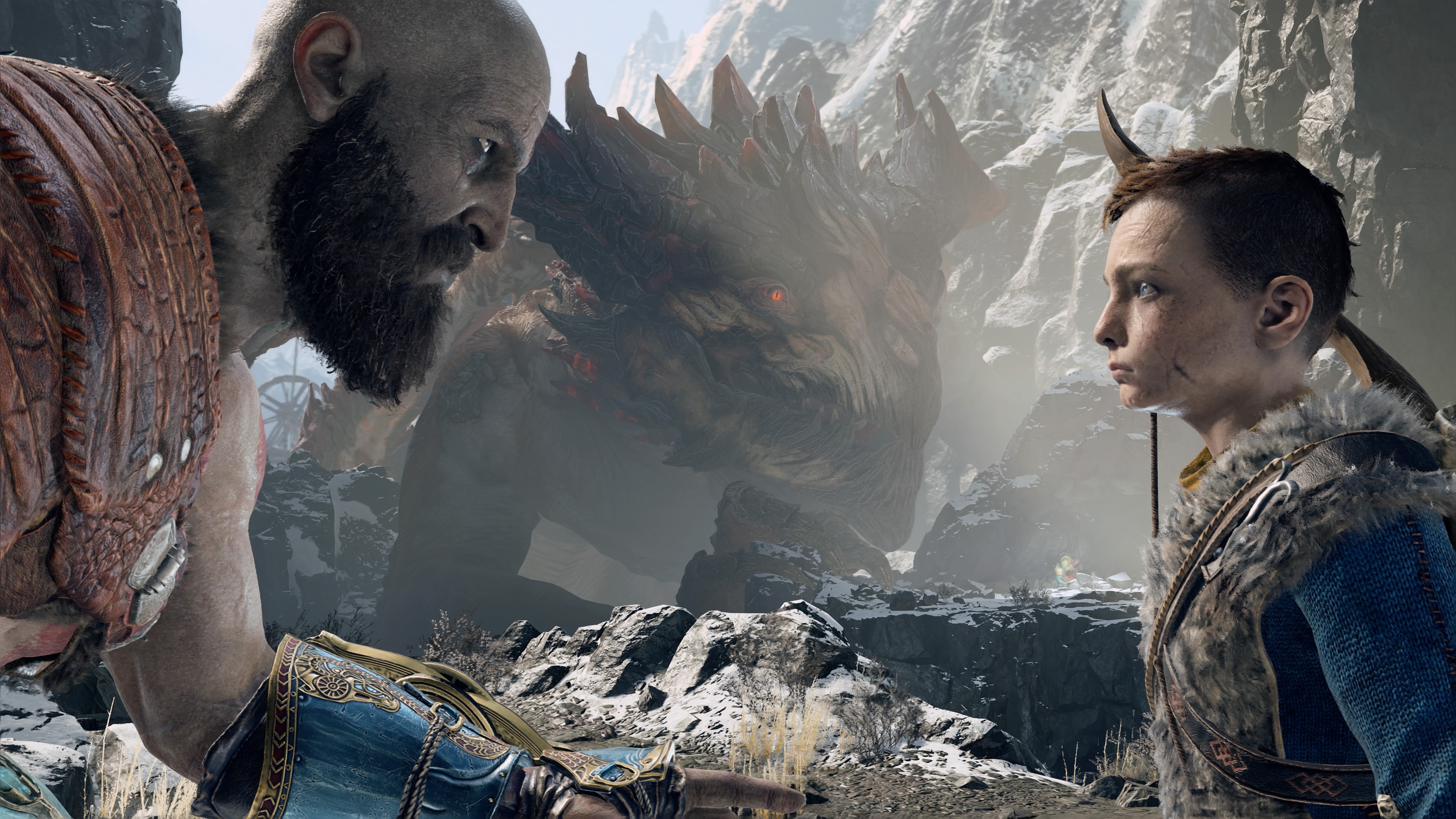 Kratos and Atreus from God of War facing a dragon HD Wallpaper