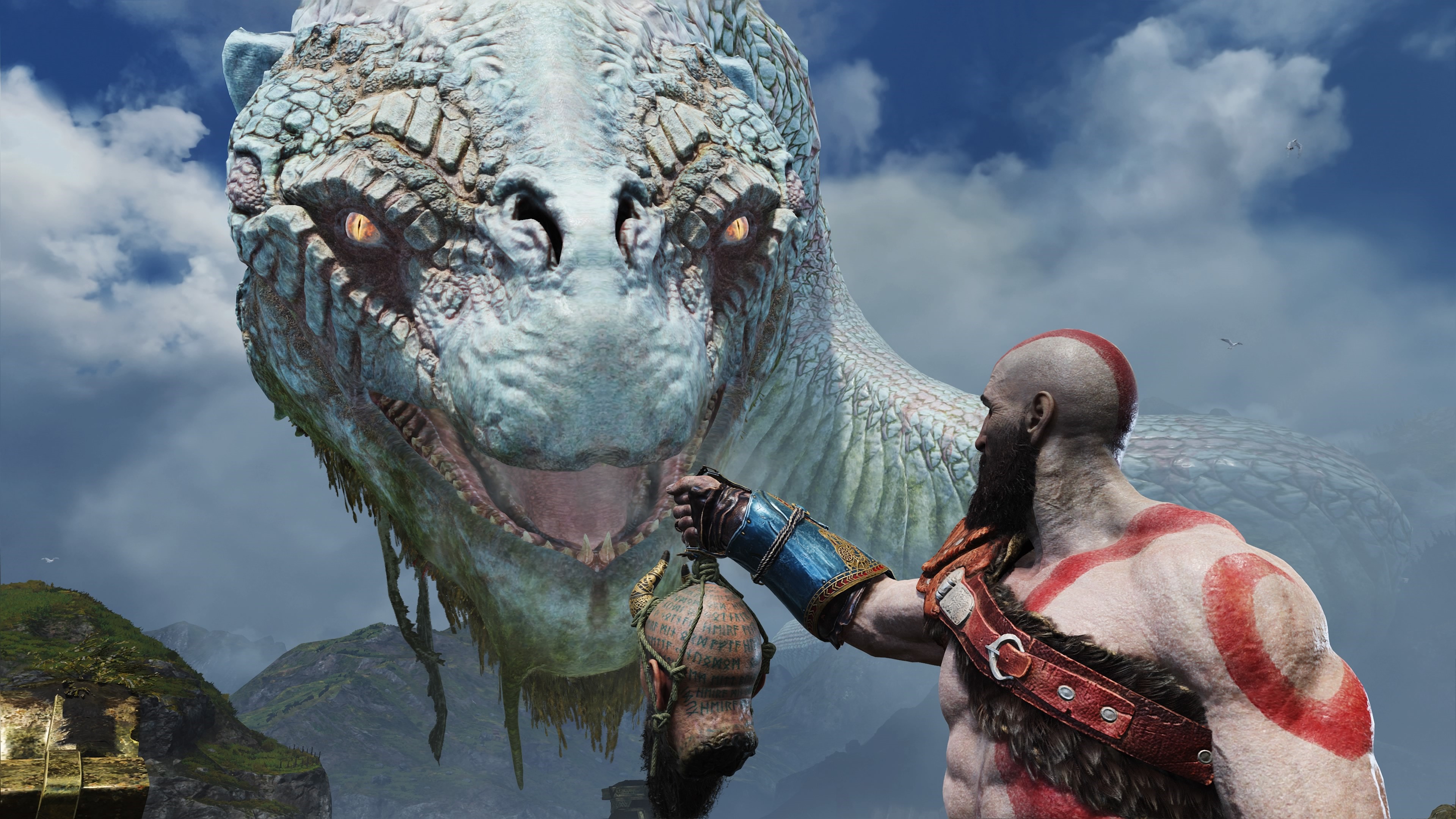 Kratos from God of War holding a severed head HD Wallpaper